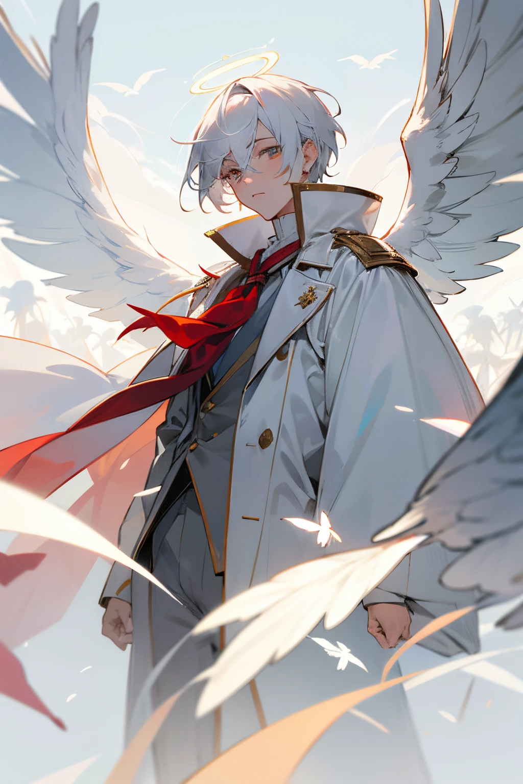 tmasterpiece,Best quality at best,Boys with white hair and short hair,Alone,One guy,male people,Angelic,The man has a pair of white feather wings'Came back,There is a white halo on the head,White dove flying in the sky,gold eyes,Handsome,Silent,red neckchief,White trench coat,Gray armor detail,in heaven
