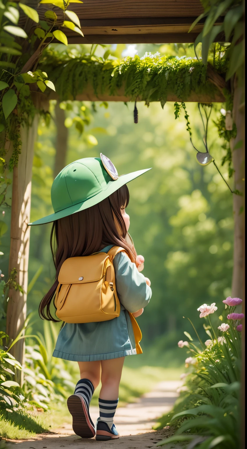 There is a poster,It features a figure wearing a hat and a backpack,female explorer mini cute girl,Japanese girl,6year o girl,with hat,walking in the wilderness,Jungle of flowers and plants,Animation-style rendering,Cute 3d rendering,small print。Unreal Engine5,stylized anime,Cute and detailed digital art,Artie Guéland 8K,stylized 3d render,adventure hyper realistic render,Anime style 3D,stylized 3d render
