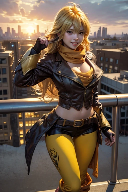 (masterpiece, best quality:1.2), cowboy shot, solo, 1girl, yang xiao long, grin, ahoge, purple eyes, brown jacket, yellow tube top, yoga pants, boots, black fingerless gloves, orange scarf, midriff, cleavage, large breasts, standing on balcony, cityscape background