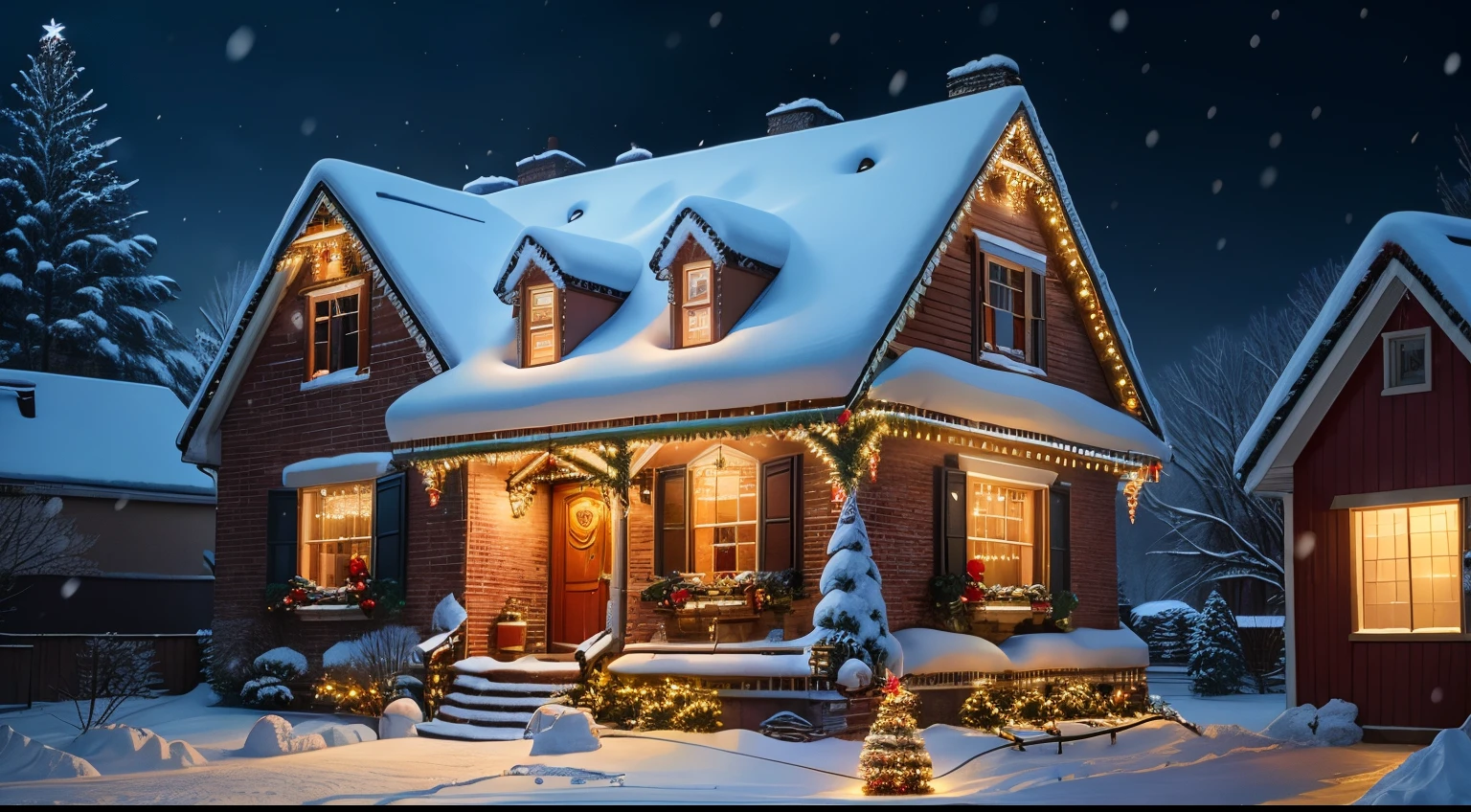christmas house outside, warm, snow, decorated, many decorations, dramatic light, christmas scene