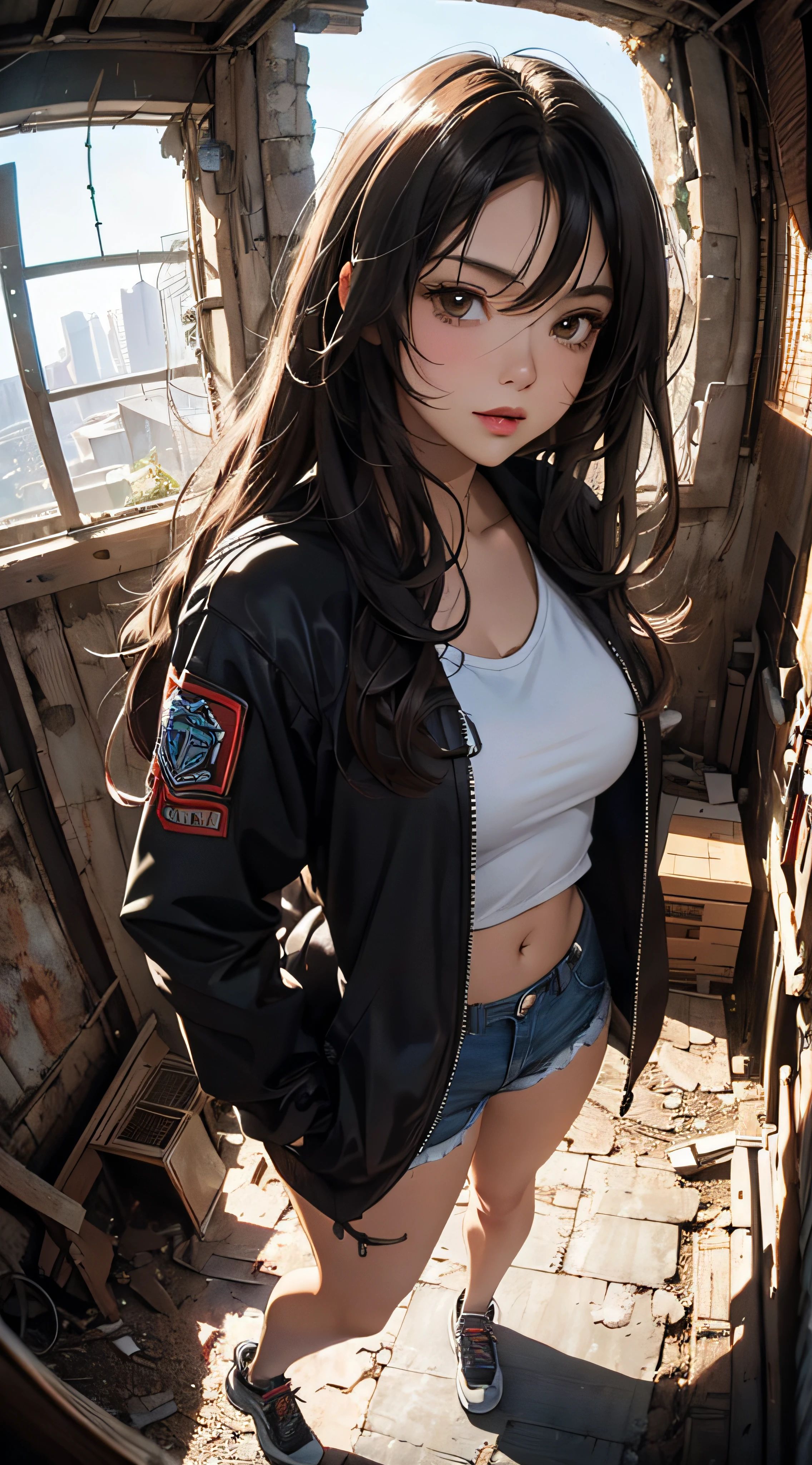 ((8k wallpaper of extremely detailed CG unit, masterpiece, hight resolution, top-quality)), (Beautuful Women, Plump lips, Hands in pockets:1.5, Grunge Fashion, Wearing a blouson:1.2, Wearing micro mini shorts:1.2, Wearing sneakers:1.1), ((extra detailed face, Highly detailed black eyes, extra detailed body, Top quality real texture skins)), (A dark-haired, hair messy, de pele branca, Small:1.3, Exposed belly), (Inside an abandoned building, Beautiful blue sky, suns), (high-angle:1.1, Fisheye:1.3), hyper realisitic, digitial painting,