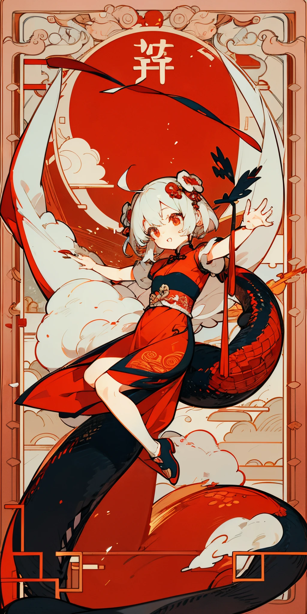 "girl in a red qipao with intricate details, traditional Chinese New Year decorations, vibrant red color palette, festive atmosphere, small firecrackers bursting with joy, iconic imagery of the Little Dragon Girl, minimalistic composition"