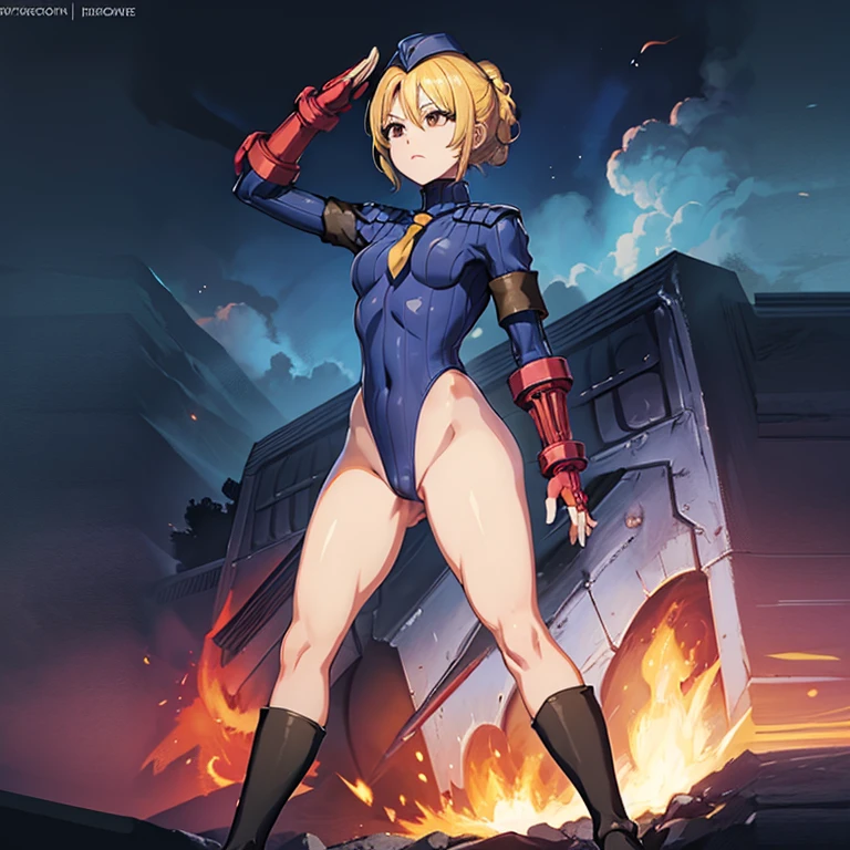 ultra-detailed, Explicit, Beautiful body, Beautiful Nose, Beautiful character design, perfect eyes, perfect face, ultra highres, 4K, beautiful legs, perfect legs, Nice hands, Perfect hand, Masterpiece, Best Quality, Highly detailed, illustration, absurdres, street fighter, doll suit, shadaloo doll, dollsuit, girls, multiple girls, expressionless, blank eyes, looking at viewer, red gloves, emotionless, black latex, corrution, mind control, female combatant, full body, hypnotized, unhappy trance, full body suit, ribbed bodysuit, both arms at side, stand up straight, obey, perfect female body, extremely glossy latex, hypnosis, hypnoLora, empty eyes, Mind control device, poses, brainwashed, submissive_pose, Slave, hat, necktie, stand up straight, standing, standing at attention, belt, extending the right arm from the shoulder into the air with a straightened hand, nazi saluting, military, military saluting, salute, right hand saluting, left hand at side, latex, ribbed bodysuit, garter belt, Touka Toudou, Toudou Touka, blonde hair, Orange eyes, braids, slender yet buxom figure, petite waistline, long hair, katana, Rakudai Kishi no Eiyuutan, glasses