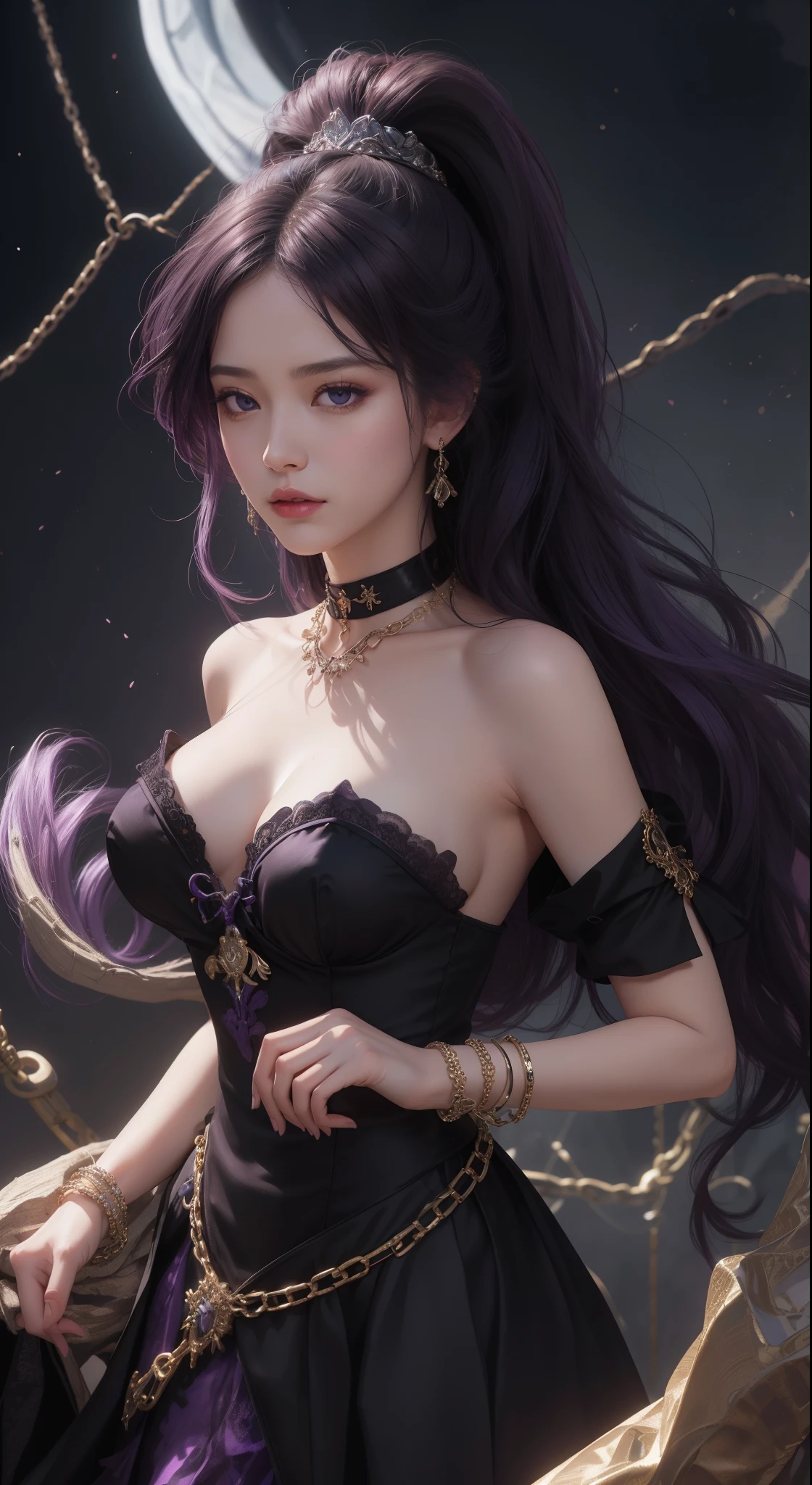 tmasterpiece,Highest image quality,Beautiful bust of older slave sister,Exquisite purple and black hairstyle,blacksilk,Decorated with a series of metal choker and anklet chains,Ultra-detailed details,advanced。At the Pixiv Art Station,Break your own power,Louie,Big breasts exposed,R-18G