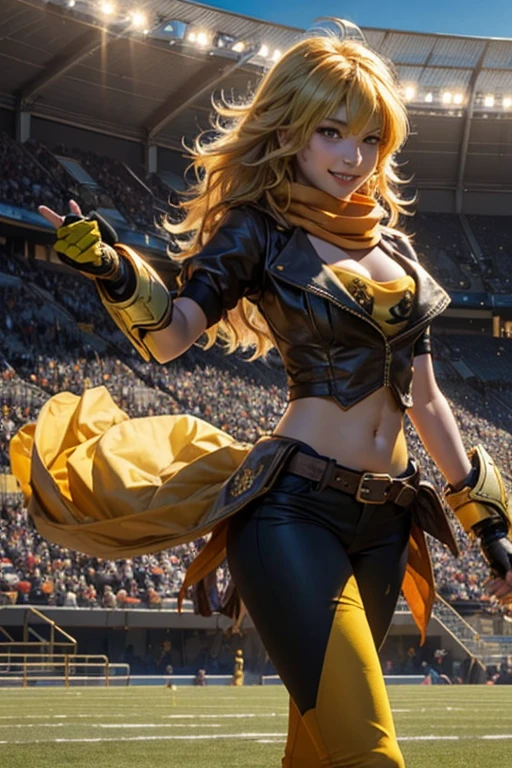 (masterpiece, best quality:1.2), cowboy shot, solo, 1girl, yang xiao long, grin, ahoge, purple eyes, yellow tube top, yoga pants, boots, black fingerless gloves, orange scarf, midriff, cleavage, large breasts, standing in stadium