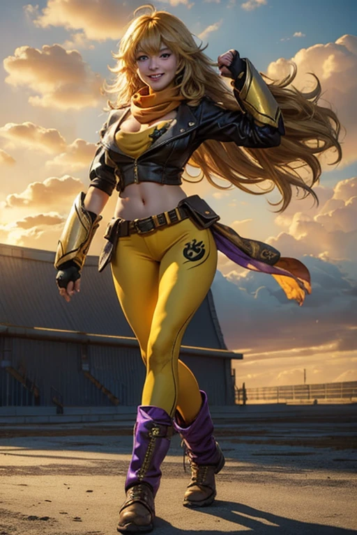 (masterpiece, best quality:1.2), cowboy shot, solo, 1girl, yang xiao long, grin, ahoge, purple eyes, yellow tube top, yoga pants, boots, black fingerless gloves, orange scarf, midriff, cleavage, large breasts, standing in stadium