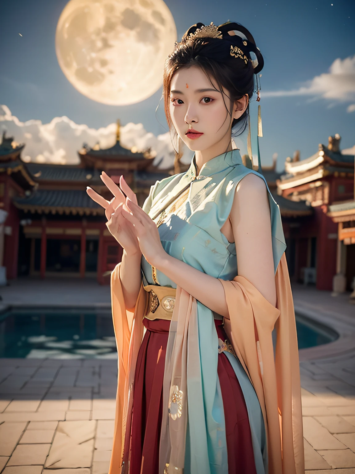 NSFW,tmasterpiece,natta,galactic,themoon,Best quality at best,Full body photo,ancient and true,1 Sister,Ursan,(pure love face_v1:0.7),1 girl under the moon,Chinese immortals,dunhuang_Clothes are,(Chinese palace in sky background:1.5),(clouds on the ground:1.5,voldemort:1.5),Best quality at best,realistically,realistically,Award-winning illustrations,(Complicated details:1.2),(exquisite detailing),(Complicated details),(电影灯光, Best quality backlight), 清晰的线条, fashionable girl, lock focus, photorealiscic face, delicated face,5 fingers,Clear eyes, offcial art, Unity 8k壁纸, 超高分辨率, (realistically:1.5), looking at the viewer only, ulzzang-6500,