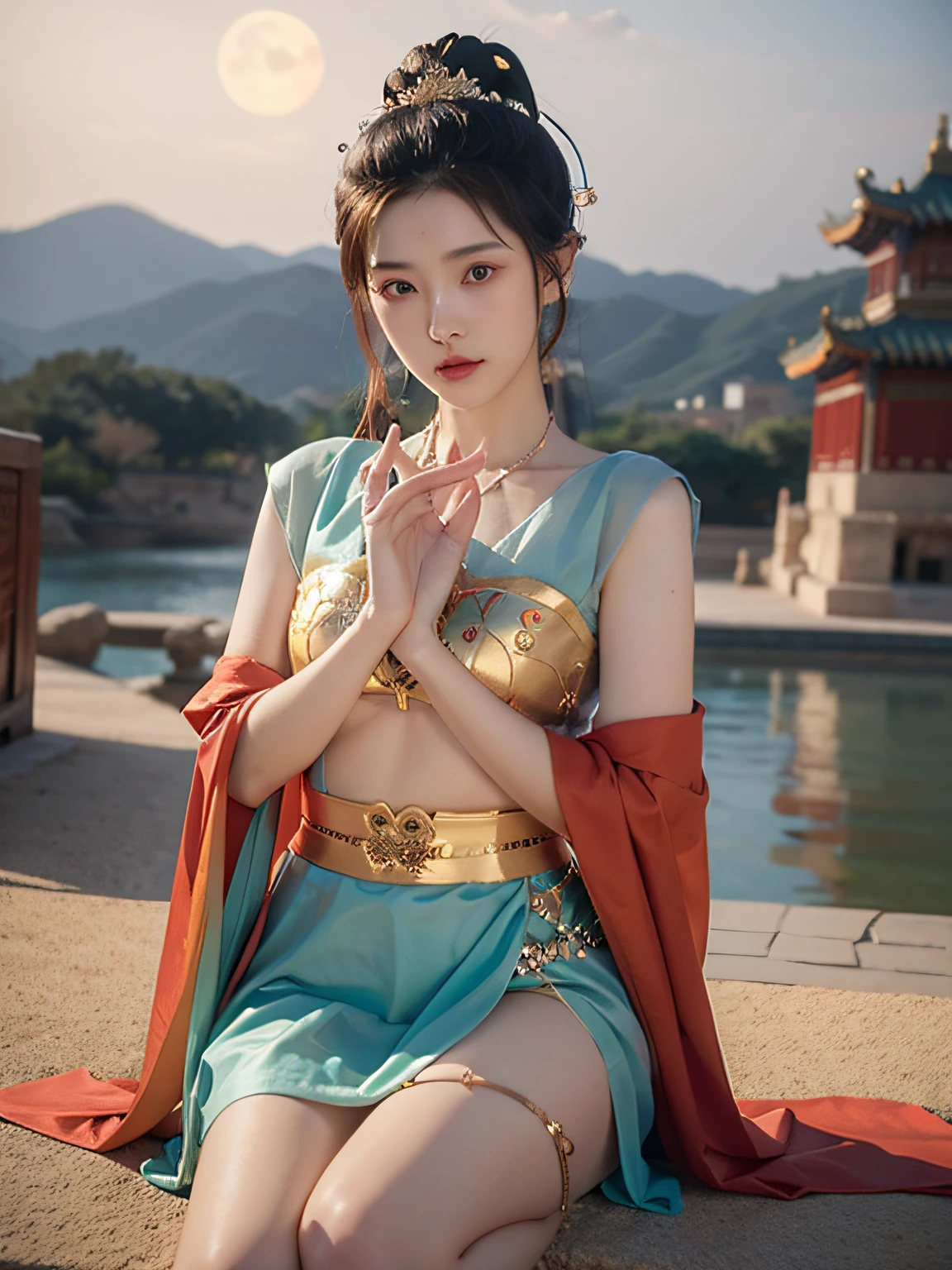 NSFW,tmasterpiece,natta,galactic,themoon,Best quality at best,Full body photo,ancient and true,1 Sister,Ursan,(pure love face_v1:0.7),1 girl under the moon,Chinese immortals,dunhuang_Clothes are,(Chinese palace in sky background:1.5),(clouds on the ground:1.5,voldemort:1.5),Best quality at best,realistically,realistically,Award-winning illustrations,(Complicated details:1.2),(exquisite detailing),(Complicated details),(电影灯光, Best quality backlight), 清晰的线条, fashionable girl, lock focus, photorealiscic face, delicated face,5 fingers,Clear eyes, offcial art, Unity 8k壁纸, 超高分辨率, (realistically:1.5), looking at the viewer only, ulzzang-6500,