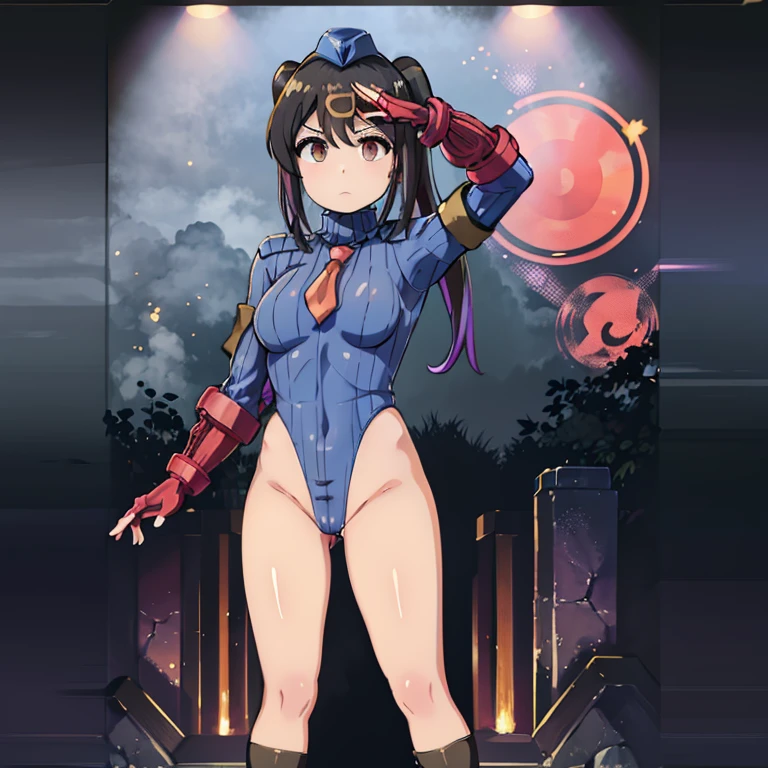 ultra-detailed, Explicit, Beautiful body, Beautiful Nose, Beautiful character design, perfect eyes, perfect face, ultra highres, 4K, beautiful legs, perfect legs, Nice hands, Perfect hand, Masterpiece, Best Quality, Highly detailed, illustration, absurdres, street fighter, doll suit, shadaloo doll, dollsuit, girls, multiple girls, expressionless, blank eyes, looking at viewer, red gloves, emotionless, black latex, corrution, mind control, female combatant, full body, hypnotized, unhappy trance, full body suit, ribbed bodysuit, both arms at side, stand up straight, obey, perfect female body, extremely glossy latex, hypnosis, hypnoLora, empty eyes, Mind control device, poses, brainwashed, submissive_pose, Slave, hat, necktie, stand up straight, standing, standing at attention, belt, extending the right arm from the shoulder into the air with a straightened hand, nazi saluting, military, military saluting, salute, right hand saluting, left hand at side, latex, ribbed bodysuit, garter belt, aamihari, multicolored hair, long hair, twintails, bangs, red ribbon, hairclip, labcoat, long sleeves, belt, oyama mihari, Onimai: I'm Now Your Sister!, gyaru, multicolored hair, hairclip, playboy bunny
