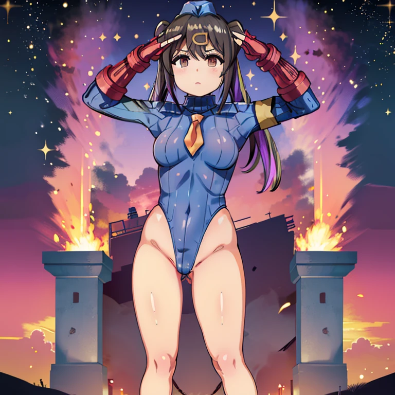 ultra-detailed, Explicit, Beautiful body, Beautiful Nose, Beautiful character design, perfect eyes, perfect face, ultra highres, 4K, beautiful legs, perfect legs, Nice hands, Perfect hand, Masterpiece, Best Quality, Highly detailed, illustration, absurdres, street fighter, doll suit, shadaloo doll, dollsuit, girls, multiple girls, expressionless, blank eyes, looking at viewer, red gloves, emotionless, black latex, corrution, mind control, female combatant, full body, hypnotized, unhappy trance, full body suit, ribbed bodysuit, both arms at side, stand up straight, obey, perfect female body, extremely glossy latex, hypnosis, hypnoLora, empty eyes, Mind control device, poses, brainwashed, submissive_pose, Slave, hat, necktie, stand up straight, standing, standing at attention, belt, extending the right arm from the shoulder into the air with a straightened hand, nazi saluting, military, military saluting, salute, right hand saluting, left hand at side, latex, ribbed bodysuit, garter belt, aamihari, multicolored hair, long hair, twintails, bangs, red ribbon, hairclip, labcoat, long sleeves, belt, oyama mihari, Onimai: I'm Now Your Sister!, gyaru, multicolored hair, hairclip, playboy bunny