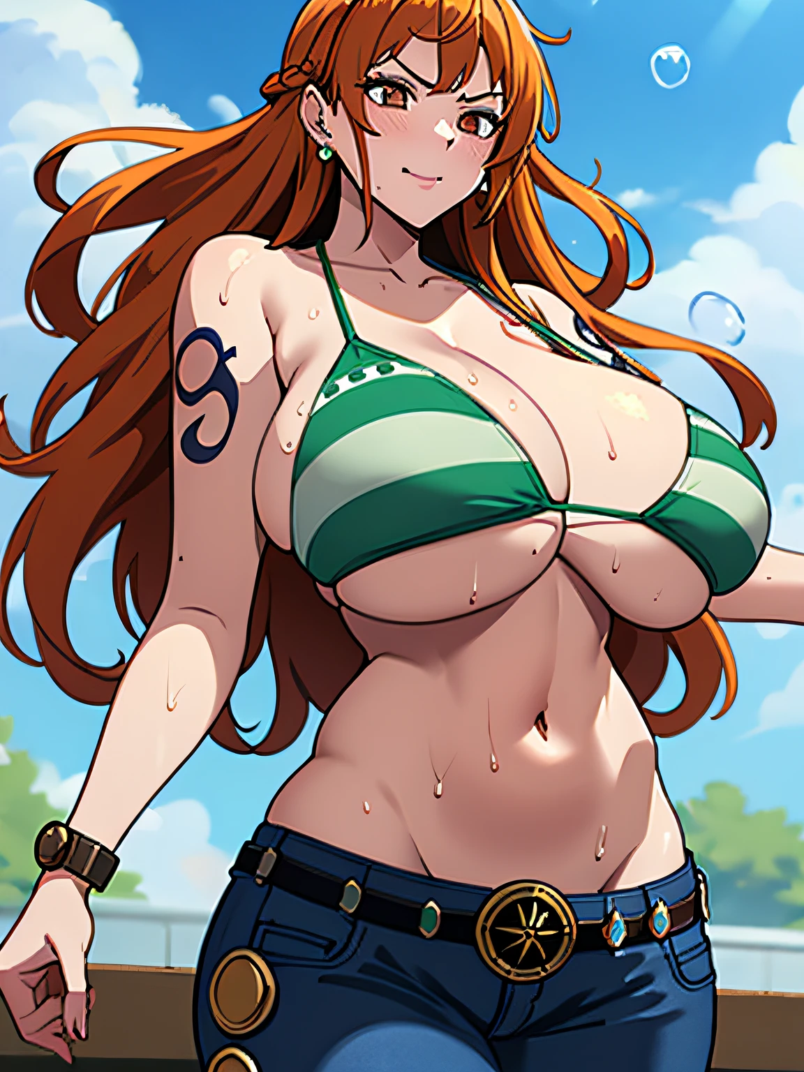 nami \(one piece\), 1girl, bangle, bangs, bare shoulders, belt, bikini, bikini top only, bracelet, (big breasts:1.6), brown eyes, bubble, cleavage, denim, earrings, floating hair, green belt, green bikini, groin, jeans, jewelry, (large breasts:1.5), big breast, long hair, looking at own body, navel, orange hair, pants, shoulder tattoo, sidelocks, sky, smile, solo, stomach, swimsuit, tattoo, angry, (sweaty:1,2), shy, flusttered, (masterpiece:2)