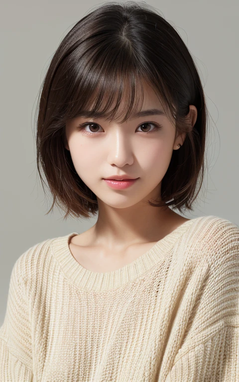 (Photo Real:1.4), (hyper realisitic:1.4), (Smooth lighting:1.05), 1 girl, (sad:1.4), Mouth slightly open, Neat and clean beauty, 22 years old, Soft lighting, Back lighting, (cheerfulness:1.2),  (Finest Real Textured Skins), Narrow-eyed, Super fine face, glowy skin, retinas, Anatomically correct, acurate, Super Detail, Textured skin, High quality, high details, Best Quality, High resolution, Short hair, Bangs, Sweaters