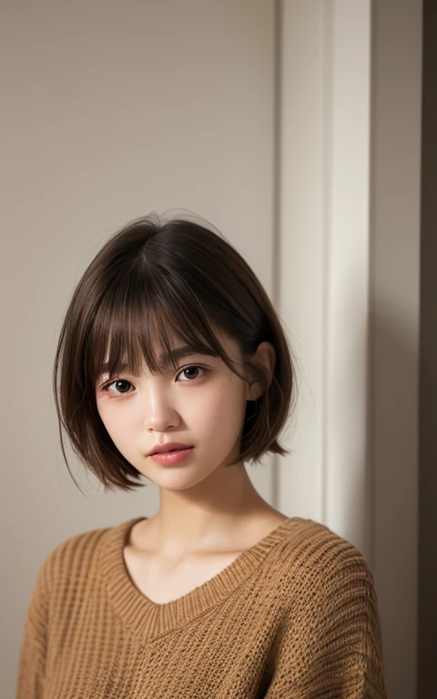 (Photo Real:1.4), (hyper realisitic:1.4), (Smooth lighting:1.05), 1 girl, (sad:1.4), Mouth slightly open, Neat and clean beauty, 22 years old, Soft lighting, Back lighting, (cheerfulness:1.2), (Finest Real Textured Skins), Narrow-eyed, Super fine face, glowy skin, retinas, Anatomically correct, acurate, Super Detail, Textured skin, High quality, high details, Best Quality, High resolution, Short hair, Bangs, Sweaters