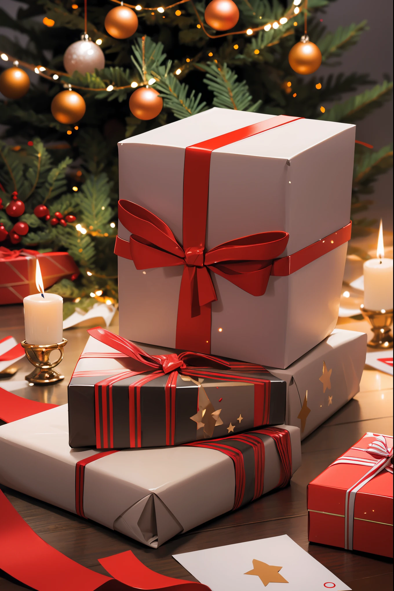 (best quality,4k,8k,highres,masterpiece:1.2),ultra-detailed,realistic,gifts,table,Christmas tree,decorations,wrapping ,bows,ribbon,presents,holiday spirit,vibrant colors,warm lighting,cozy atmosphere,toys,cards,candles,snowflakes,joyful,celebration,exquisite details,exciting surprises,shiny ornaments,sparkling tinsel,beautifully wrapped,excited children,anticipation,festive mood,magical ambiance,delightful moment,wonderful memories,family gathering,cheerful faces,Christmas magic,extravagant,abundance of presents,HDR,UHD,studio lighting,ultra-fine painting,sharp focus,physically-based rendering,professional,vivid colors,bokeh.