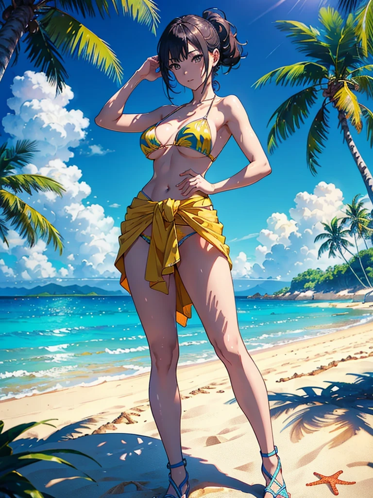 ​masterpiece、top-quality、超A high resolution、 [ 4 k digital art ]!!、 8k high quality detailed art、Wallpaper、 Detailed Digital Anime Art、Realisticity、Cinema Angle、hposing Gravure Idol、(((One Woman)))、(((Full Body Portrait of a Beautiful Woman)))、(((dance on the sand)))、年轻、Bikini swimwear、(Ethnic patterns and primary colors wrapped around the waist and skirt)、Photorealistic perfect body、(((Beautiful tropical beach landscape photography)))、light Particle、llight rays、Tropical、Against the background of palm trees、on a sunny beach、Against the background of the sea、blur backgroun、