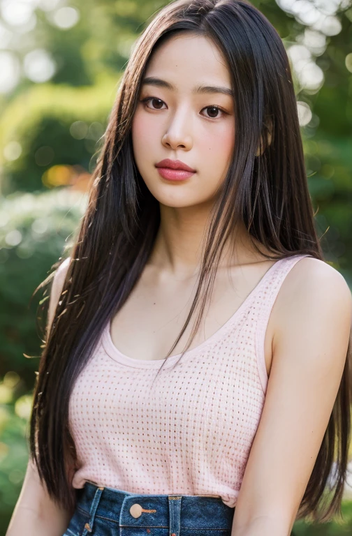 20yr old female, Raw photo,(Bokeh:1.2) (Photorealistic:1.4, Realistic), Highly detailed CG unified 8K wallpapers, 1girl in, ((Slender body:1)), Looking at Viewer, ((straight from front)), (HQ Skin:1.4), 8K UHD, Digital SLR, Soft lighting, High quality, Film grain, FUJI XT3,  ((upperbody shot:1.2)), (Pink tank top, jeans), (plein air, on the park), ((Long hair)),