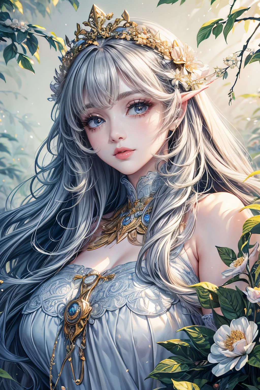 (best quality,8K,CG),detailed upper body,lonesome girl,floral forest background,detailed facial features,elegant long curly hair,almond-shaped big eyes,detailed eye makeup,long eyelashes,twinkling stars,elaborate lip details,soft and harmonious style.