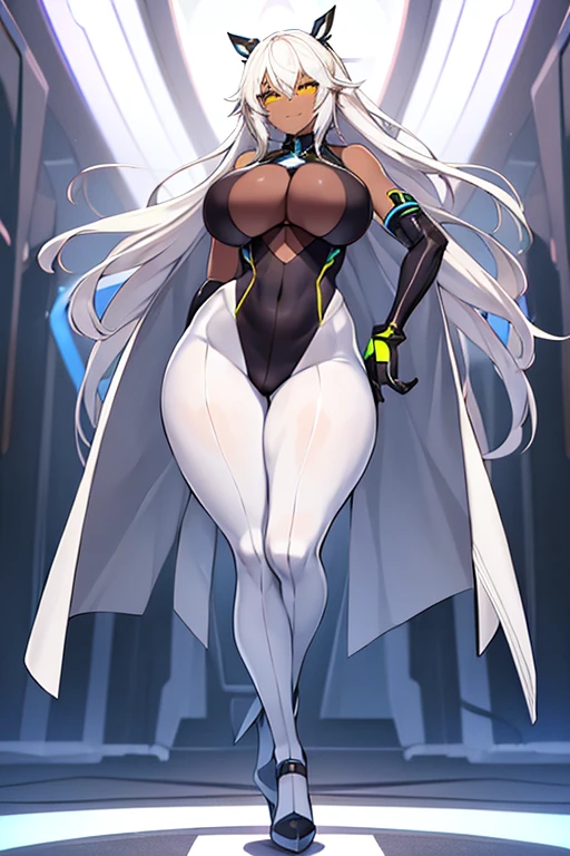 1girl, dark-skinned female, dark skin, white hair, long hair, large breasts, breasts, wide hips, yellow eyes, smile, smirk, smug, bodysuit, black bodysuit, white trim, sleeveless, black pantyhose, pantyhose, white neon trim, neon trim, futuristic, tech, science-fiction, machinery, full body, ((full body)),