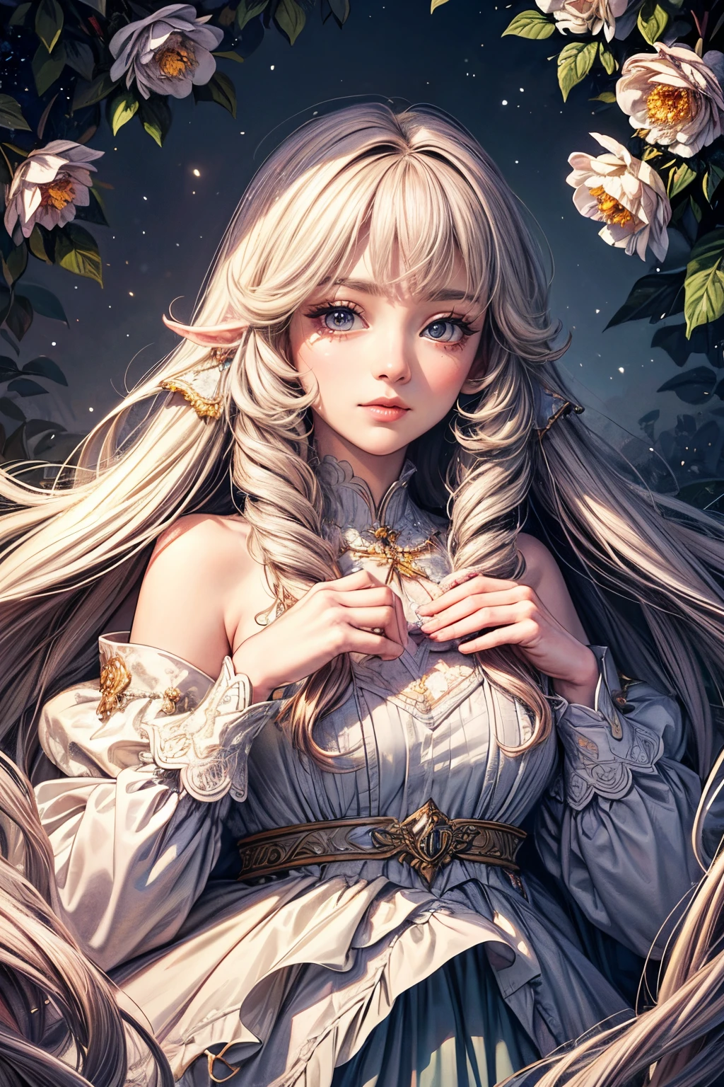 (best quality, 8K, CG), detailed upper body, lonely girl, floral forest background, detailed facial features, elegant long curly hair, almond-shaped big eyes, detailed eye makeup, long eyelashes, twinkling stars, exquisite lip details, soft and harmonious style