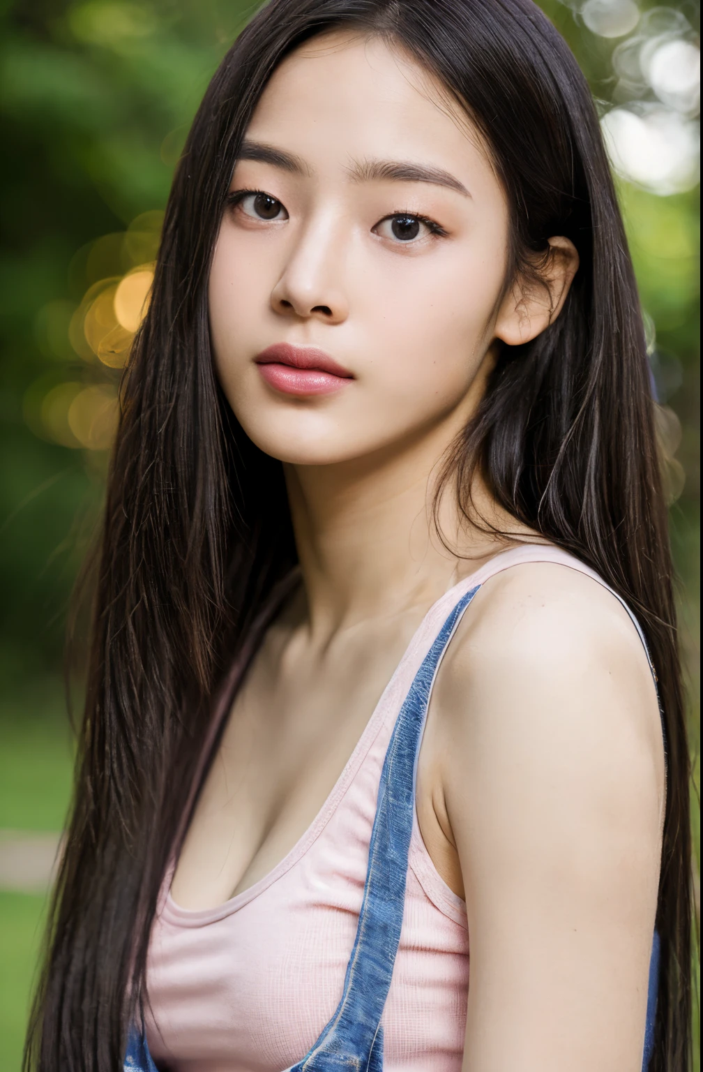 20yr old female, Raw photo,(Bokeh:1.2) (Photorealistic:1.4, Realistic), Highly detailed CG unified 8K wallpapers, 1girl in, ((Slender body:1)), Looking at Viewer, ((straight from front)), (HQ Skin:1.4), 8K UHD, Digital SLR, Soft lighting, High quality, Film grain, FUJI XT3,  ((upperbody shot:1.2)), (Pink tank top, jeans), (plein air, on the park), ((Long hair)),