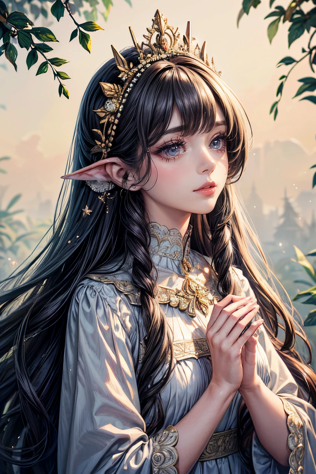 (best quality, 8K, CG), detailed upper body, lonely girl, floral forest background, detailed facial features, elegant long curly hair, almond-shaped big eyes, detailed eye makeup, long eyelashes, twinkling stars, exquisite lip details, soft and harmonious style