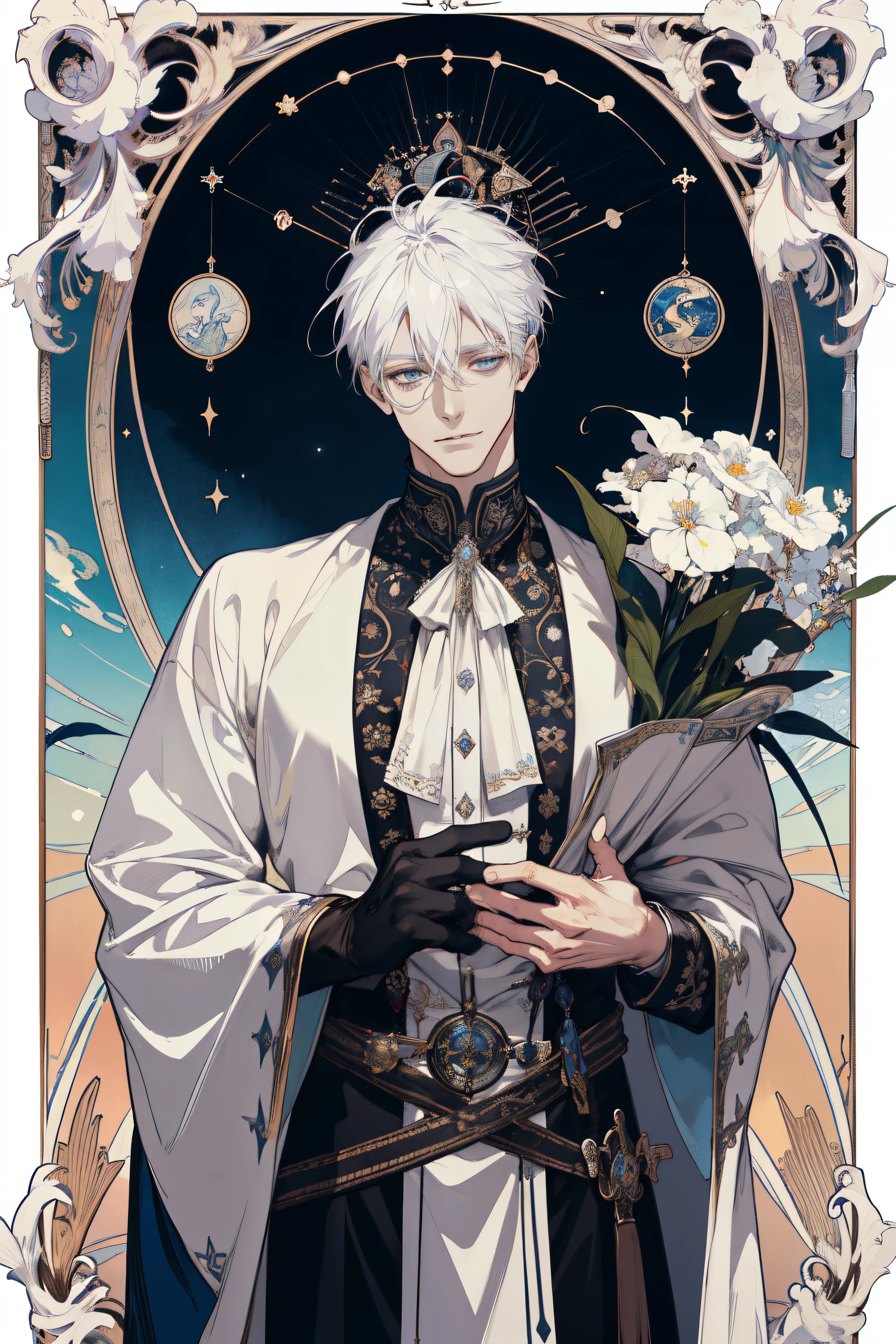 (absurderes, hight resolution, ultra-detailliert), 1 male, , Handsome, tall muscular man, broad shoulders, finely detailed eyes and detailed face, \tarot\, bard, Symbolism, visualart, Universal, Vision casting, Philosophical, Iconography, Numerology, Popularity, artistic, Alfonse Mucha,albino,white hair、Sanpaku eyes