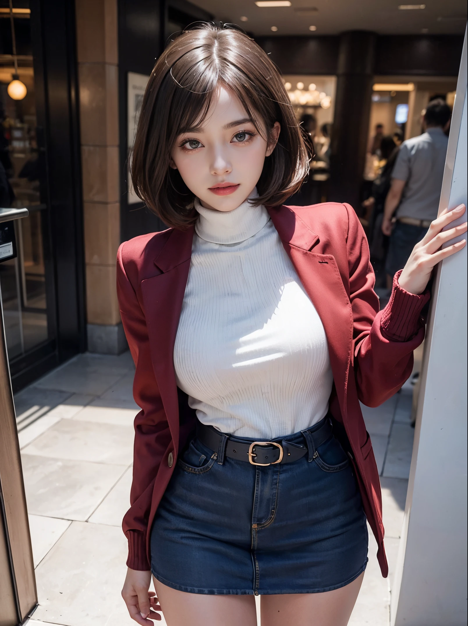 Beautiful girl standing in front of a store in a shopping mall,
(A hyper-realistic,hight resolution, ighly detailed:1.2), (8K), (beatiful detailed eyes, A detailed face:1.2), (top-quality), (ultra-detailliert), (( masutepiece)),Best Quality,Very detailed,
Beautiful woman standing wearing a dark red plaid single-breasted blazer ,BREAK, White Turtleneck Sweater Dress,BREAK, Black,
High-waisted flared jumper mini skirt with blue belt,BREAK,
Black Medium Bob, Beautiful meticulous eyes, Cute face, Bust, Big Bossom, Beautiful meticulous face, Seductive smile,
25 years old, mature appearance, Realistic drawing art , 
1woman, (shot from thights to head:1.2),(Beautiful thights:1.2),Stand at the entrance stairs and turn around,(POV from below)
