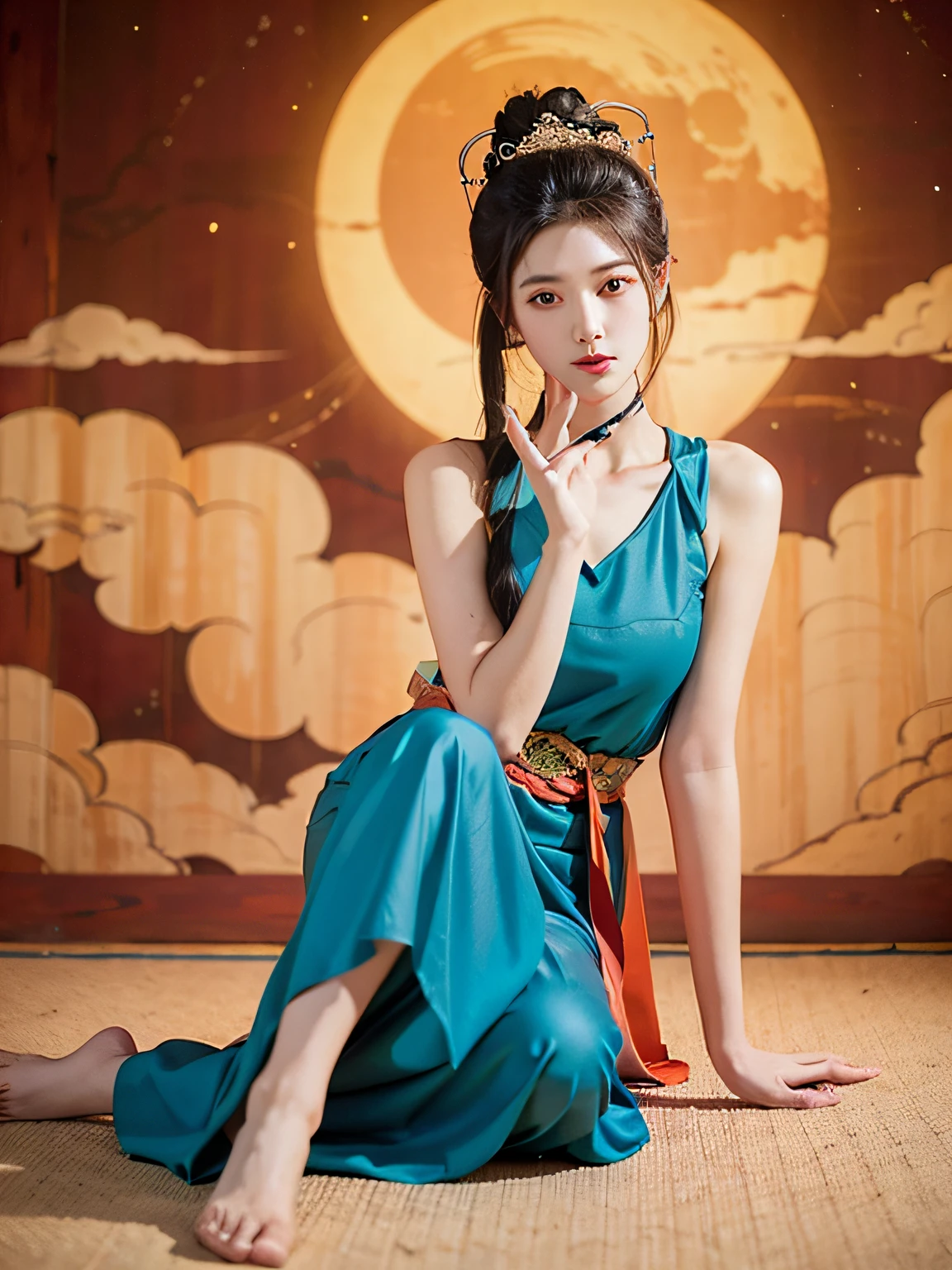 NSFW，tmasterpiece，natta，galactic，themoon，Best quality，fully body photo，ancient and true，1 Sister，Ursan，（pure love face_v1：0.7），1 girl under the moon，Chinese immortals，dunhuang_Clothes are，（Chinese palace in sky background：1.5），（clouds on the ground：1.5，voldemort：1.5），Best quality，realistically，realistically，winning illustration，（Complicated details：1.2），（exquisite detailing），（Complicated details），（电影灯光， Best quality backlight）， 清晰的线条， fashionable girl， lock focus， photorealiscic face， delicated face，5 fingers，Clear  eyes， offcial art， Unity 8k壁纸， 超高分辨率， （realistically：1.5）， looking at the viewer only， ulzzang-6500，