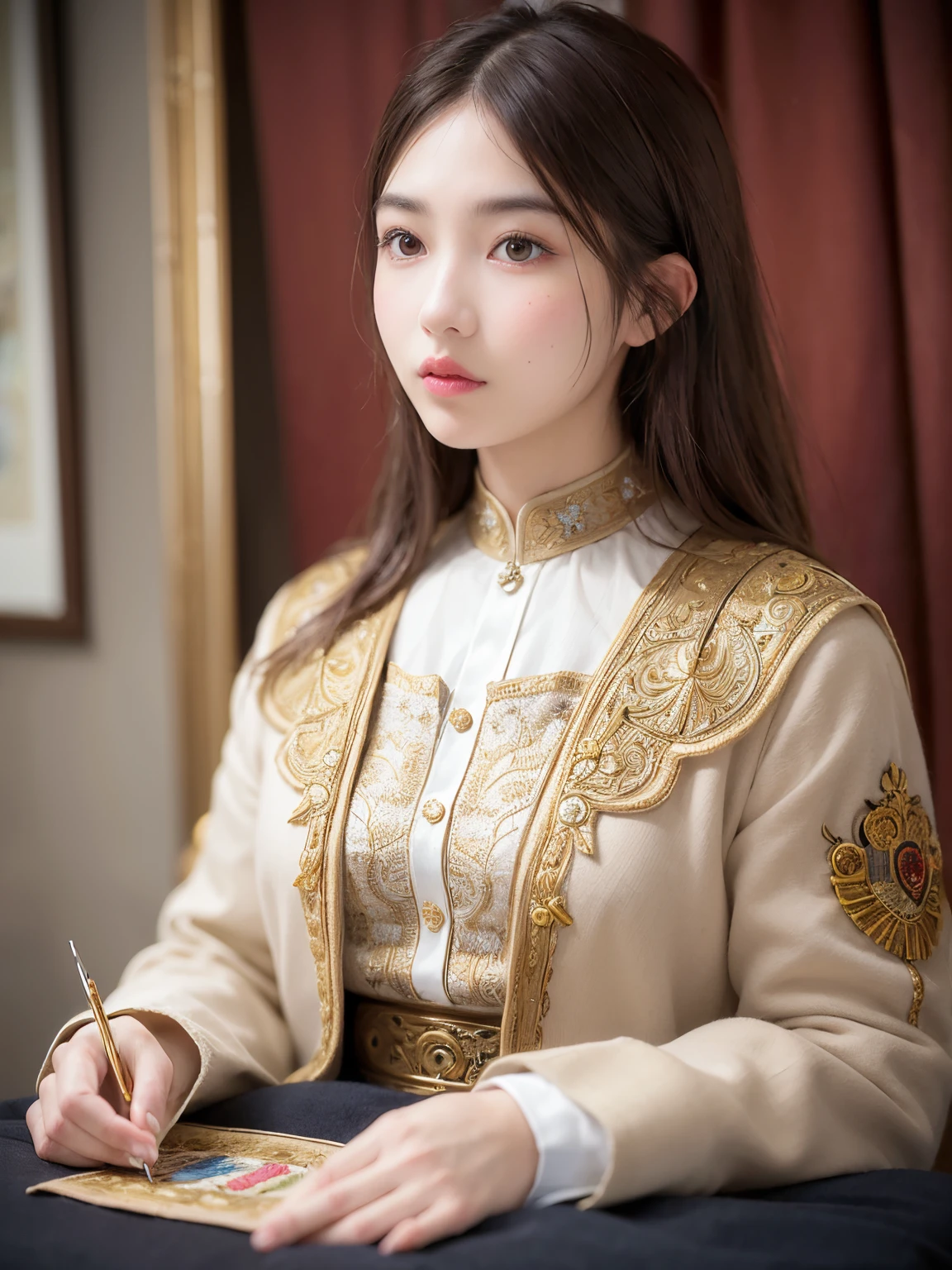 (best quality,ultra-detailed,realistic:1.37), oil painting, A girl embroidering the imperial coat of arms, delicate embroidery stitches, vibrant colors, intricate patterns, fine details, golden threads, careful hands, concentration, traditional techniques, historical significance, royal symbol, regal atmosphere, rich cultural heritage, soft lighting