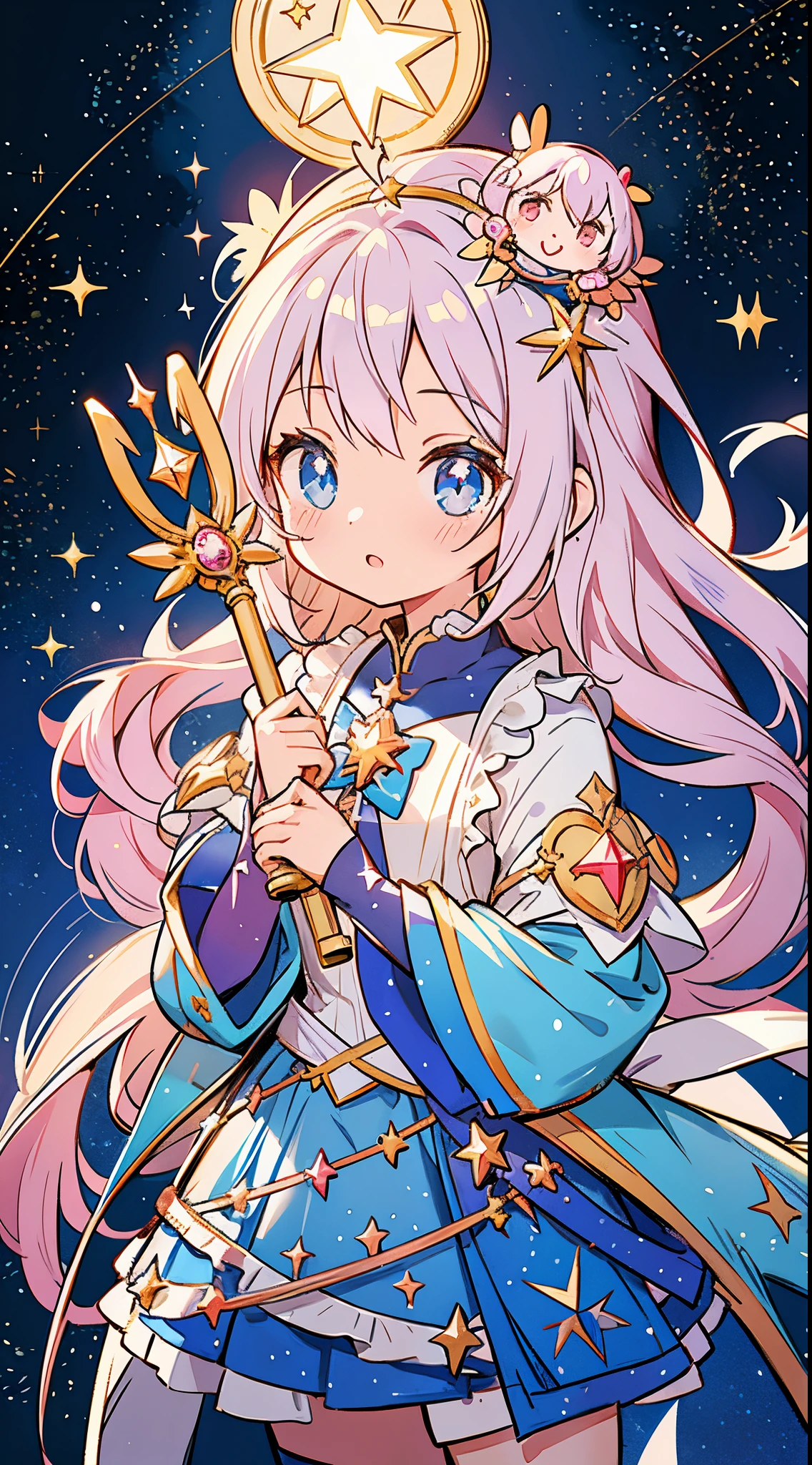 Anime girl with a star and a wand on her head, sparkling magical girl, portrait of the magical girl, beautiful celestial mage, Detailed key anime art, Trending on ArtStation pixiv, magical girl, guweiz on pixiv artstation, high detailed official artwork, Cute anime waifu in a nice dress, Pixiv Contest Winner, anime goddess, official anime artwork