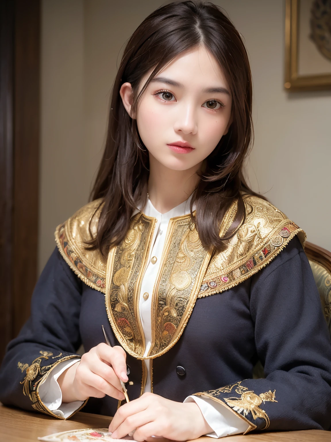 (best quality,ultra-detailed,realistic:1.37), oil painting, A girl embroidering the imperial coat of arms, delicate embroidery stitches, vibrant colors, intricate patterns, fine details, golden threads, careful hands, concentration, traditional techniques, historical significance, royal symbol, regal atmosphere, rich cultural heritage, soft lighting