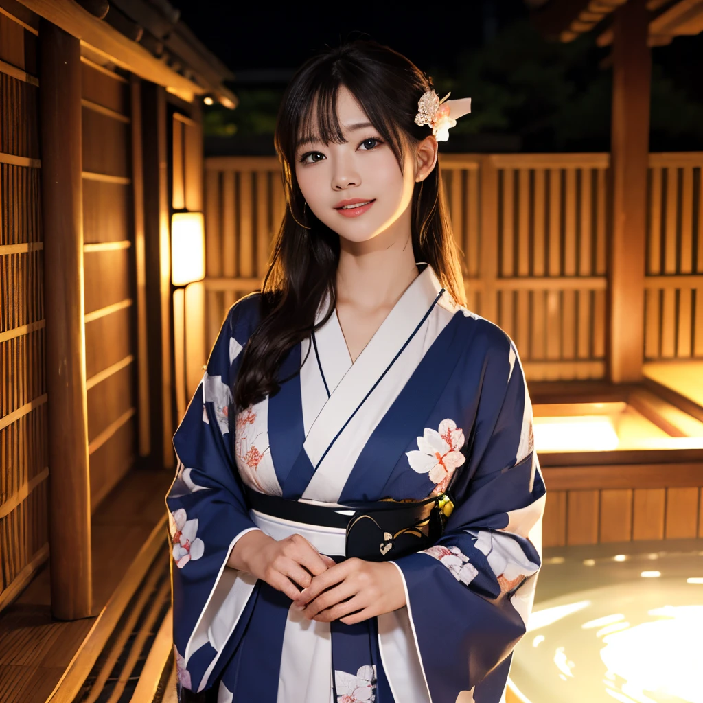 ((top-quality、​masterpiece、photographrealistic:1.4、in 8K))、beautiful japanese female１a person、２5years old、beautiful hairl、delicate and beautiful face、Eyes and faces with detailed 、Hot spring trip、(hot onsen:1.2)、bathrobe、Beautiful lighting、A smile、Textured skin、Super Detail、high detailing、High quality、hight resolution、(Kimono:1.3)、bangss、Stand up and pose、Detailed mouth、Opening Mouth、bare-legged、snowscape