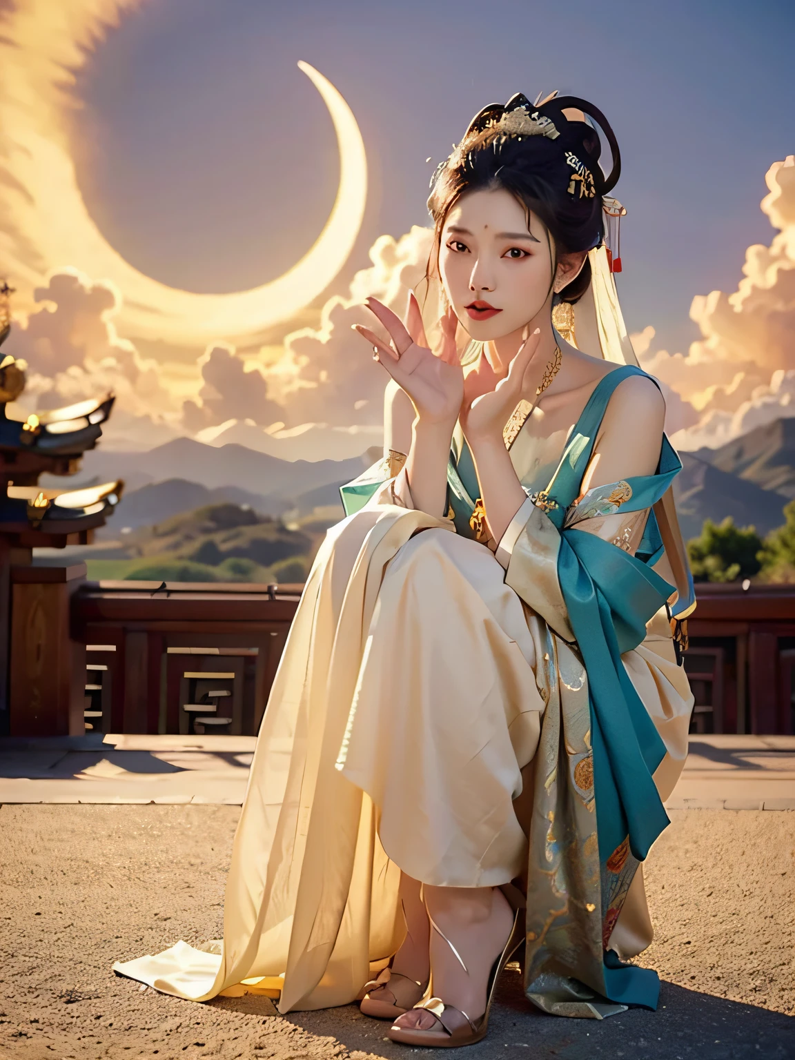 NSFW,tmasterpiece,natta,galactic,themoon,Best quality at best,Full body photo,ancient and true,1 Sister,Ursan,(pure love face_v1:0.7),1 girl under the moon,Chinese immortals,dunhuang_Clothes are,(Chinese palace in sky background:1.5),(clouds on the ground:1.5,voldemort:1.5),Best quality at best,realistically,realistically,Award-winning illustrations,(Complicated details:1.2),(exquisite detailing),(Complicated details),(电影灯光, Best quality backlight), 清晰的线条, fashionable girl, lock focus, photorealiscic face, delicated face,5 fingers,Clear eyes, offcial art, Unity 8k壁纸, 超高分辨率, (realistically:1.5), looking at the viewer only, ulzzang-6500,