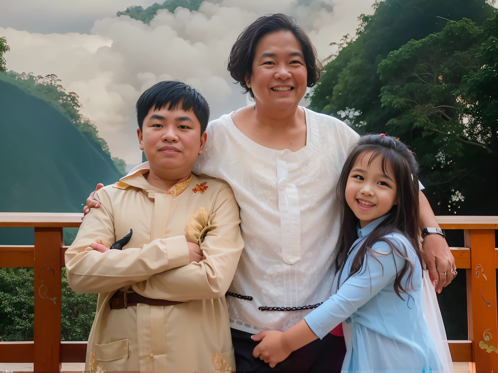 there are two children standing next to each other on a deck, an indonesian family portrait, barong family, barong family member, children, family, portrait picture, photo portrait, happy family, full protrait, family portrait, portrait image, portrait shot, portrait of family of three, family photo, awarding winning, backdrop, potrait