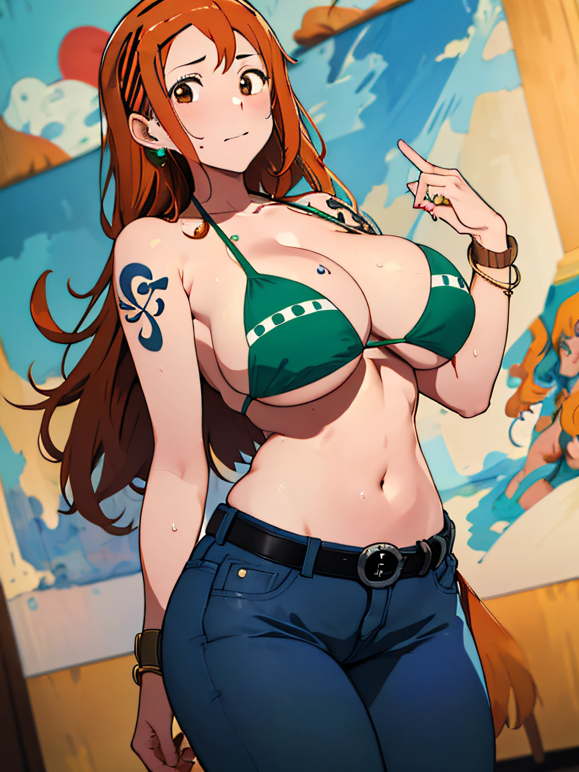 nami \(one piece\), 1girl, bangle, bangs, bare shoulders, belt, bikini, bikini top only, bracelet, (big breasts:1.6), brown eyes, bubble, cleavage, denim, earrings, streaght hair, green belt, green bikini, groin, jeans, jewelry, (large breasts:1.5), big breast, long hair, looking at own body, navel, orange hair, pants, shoulder tattoo, sidelocks, sky, smile, solo, stomach, swimsuit, tattoo, angry, (sweaty:1,2), shy, flusttered, (masterpiece:2)