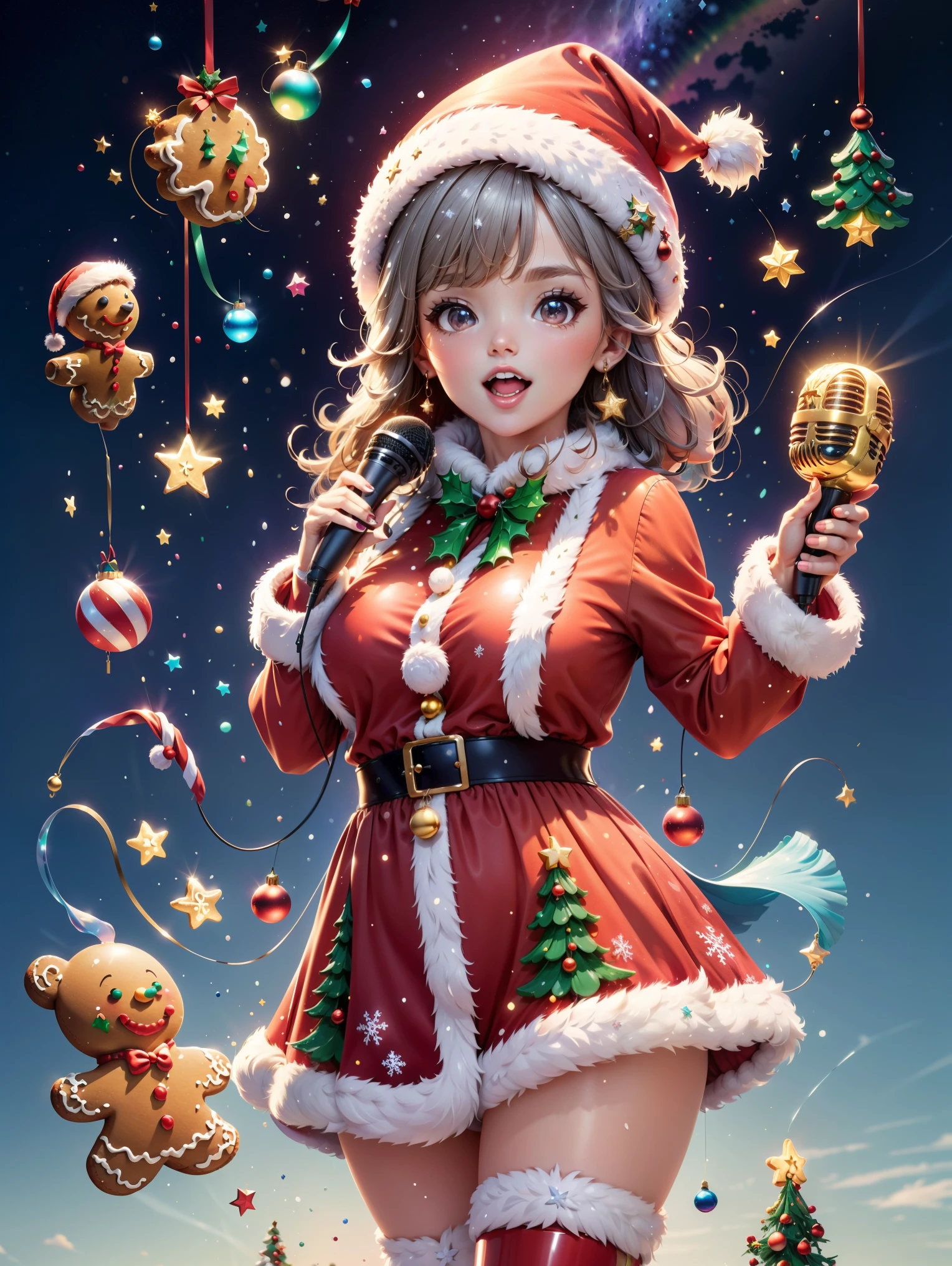 (((1 glowing magical and cute Christmas gingerbread man, Singing with a microphone, Syllable symbols floating in the air)))，christmas ornaments, glittery, Floating particles，yuki，blue-sky, 8K, Irridescent color, kawaii, cute big breasts, number art, high qulity, The is very detailed, 3Drenderingof，Bright colorinimalist style，Disney  style