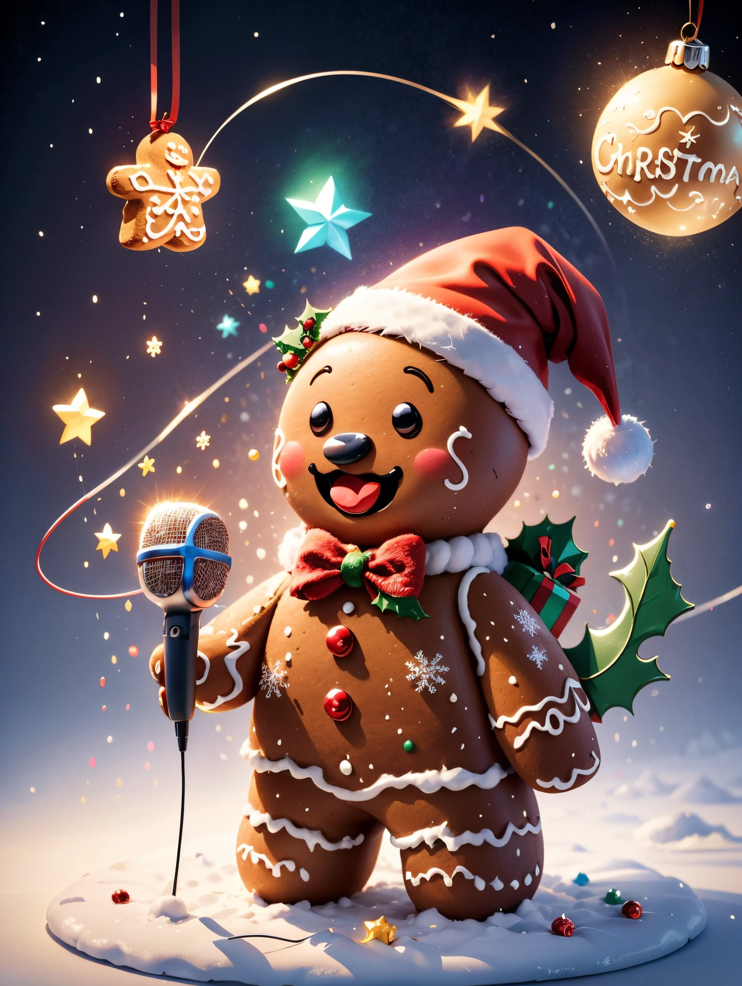 (((1 glowing magical and cute Christmas gingerbread man, Singing with a microphone, Syllable symbols floating in the air)))，christmas ornaments, glittery, Floating particles，yuki，blue-sky, 8K, Irridescent color, kawaii, cute big breasts, number art, high qulity, The is very detailed, 3Drenderingof，Bright colorinimalist style，Disney  style，