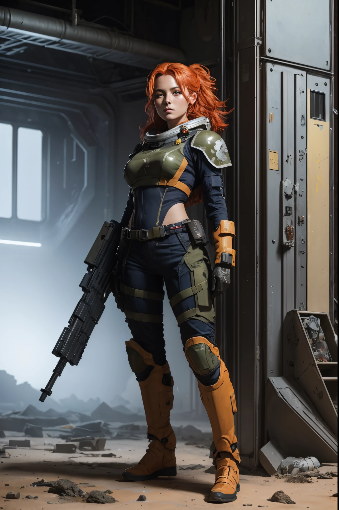 Soleil rouge space gal after the battle, cocky, finger on trigger of gun, ready to move, dirty grimy, overhead glow lighting, side light, 24k resolution tight barbarian woman in space clothes, camouflage, hyperdetailed, abandoned room background setting on battlefield mars, Soleil rouge leonardo.ai who do you think you are inner-self your ego 34k resolution highlydetailed, hyperrealism, oils painterly art style sexier, yes, on a trip to alien worlds, shocked expression mouth fully opened eyes wide bitch