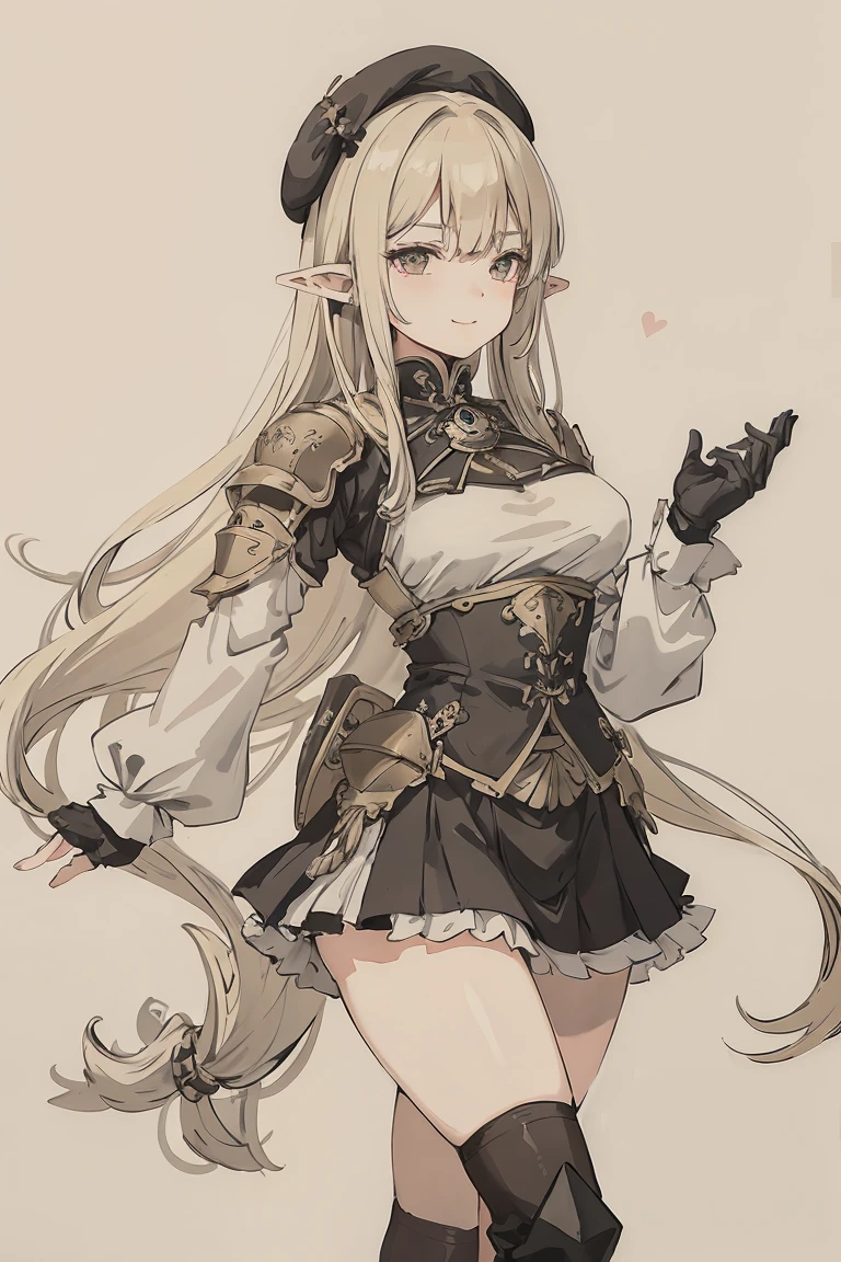 sparrow, a blonde haired girl, wearing a knight armor, long hair, hair, black skirt, knight armor with ruffles on the shouders, slim body, naughty face, seductive pose, seductive smile, mini skirt, black beret, big breasts, she close her left eye, elf, pointy ears