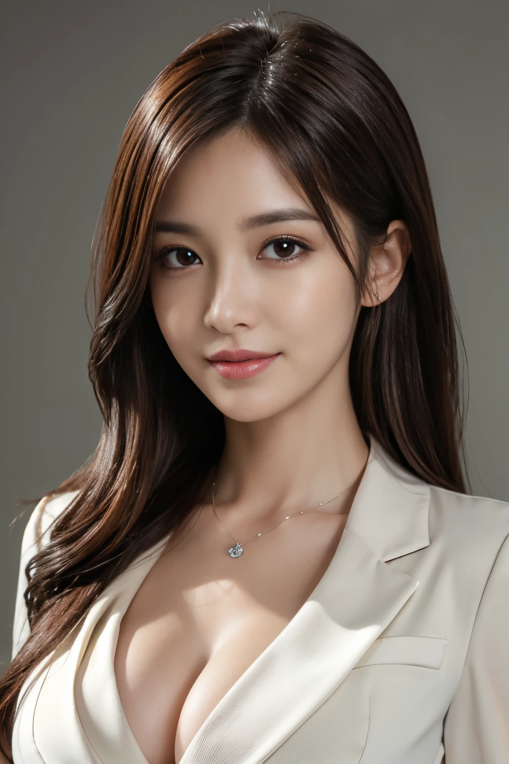 masutepiece, Best Quality, Photorealistic, Ultra-detailed, finely detail, High resolution, 8K Wallpapers, 1 beautiful woman,, light brown messy hair, in a business suit, cleavage of the breast, foco nítido, Perfect dynamic composition, Beautiful detailed eyes, detailed hairs, Detailed realistic skin texture, Smiling, Close-up portrait, Model body type