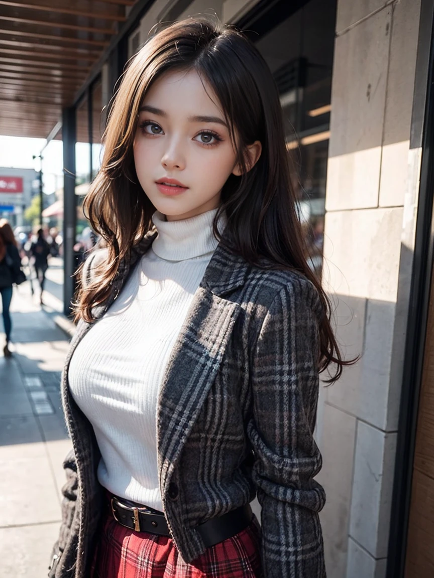 Beautiful girl standing in front of a store in a shopping mall, Stand at the entrance stairs and turn around,
(A hyper-realistic,hight resolution, ighly detailed:1.2), (8K), (Beatiful detailed eyes, A detailed face:1.2), (top-quality), (ultra-detailliert), (( masutepiece)),Best Quality, Very detailed,
Beautiful woman standing wearing a dark red plaid single-breasted blazer ,BREAK, White Turtleneck Sweater Dress, BREAK, Black,
High-waisted flared jumper mini skirt with blue belt, BREAK,
Black Medium Bob, Beautiful meticulous eyes, Cute face, Bust, Big Bossom, Beautiful meticulous face, Seductive smile,
25 years old, mature appearance, Realistic drawing art ,
1woman, (shot from thights to head:1.3),(Beautiful thights:1.2),(POV from below),(Low-angle camera allows viewers to see underwear)