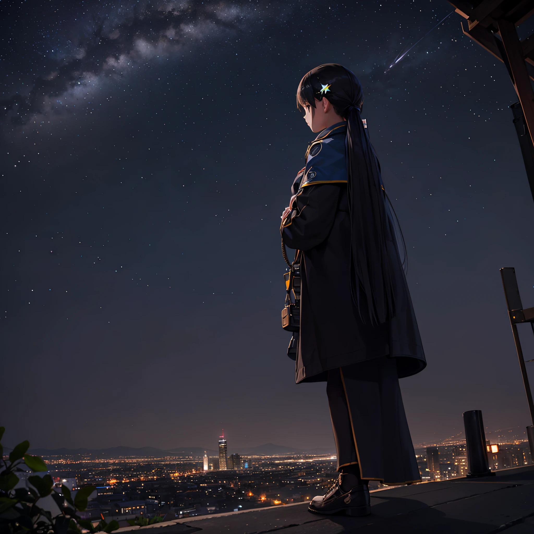 octans, sky, star (sky), scenery, starry sky, night, 1girl, night sky, solo, outdoors, building, cloud, milky way, sitting, tree, long hair, city, silhouette, cityscape