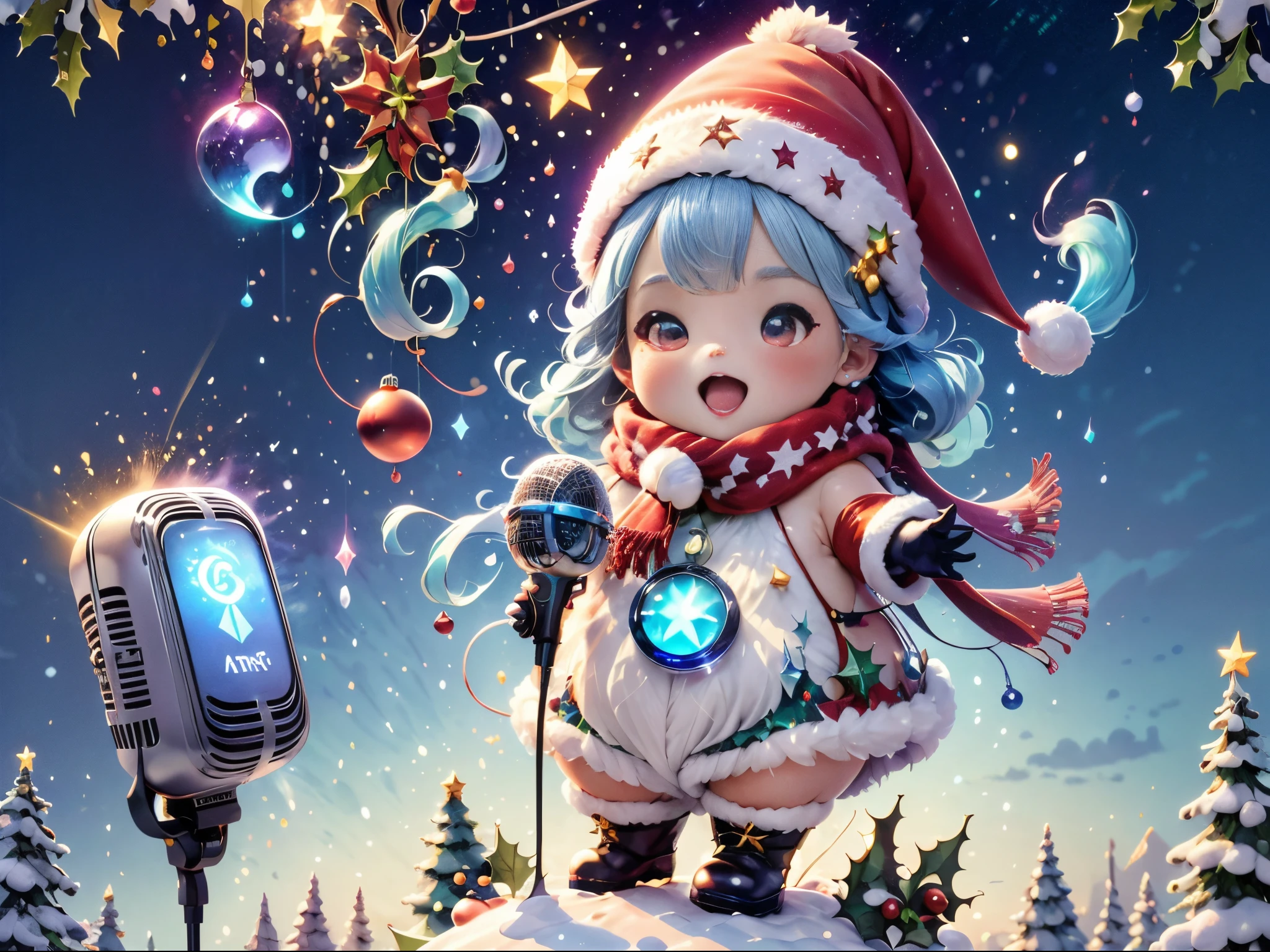 ((1 glowing magical cute girl wearing santa hat and scarf))，((singing with a microphone)), (((Many syllable symbols floating in the air)))，Christmas elements，snowy days，8K,Irridescent color, kawaii, Cute big breasts, number art, high high quality, The content is very detailed, 3 Rendering，vibrant with colorinimal style，Disney  style