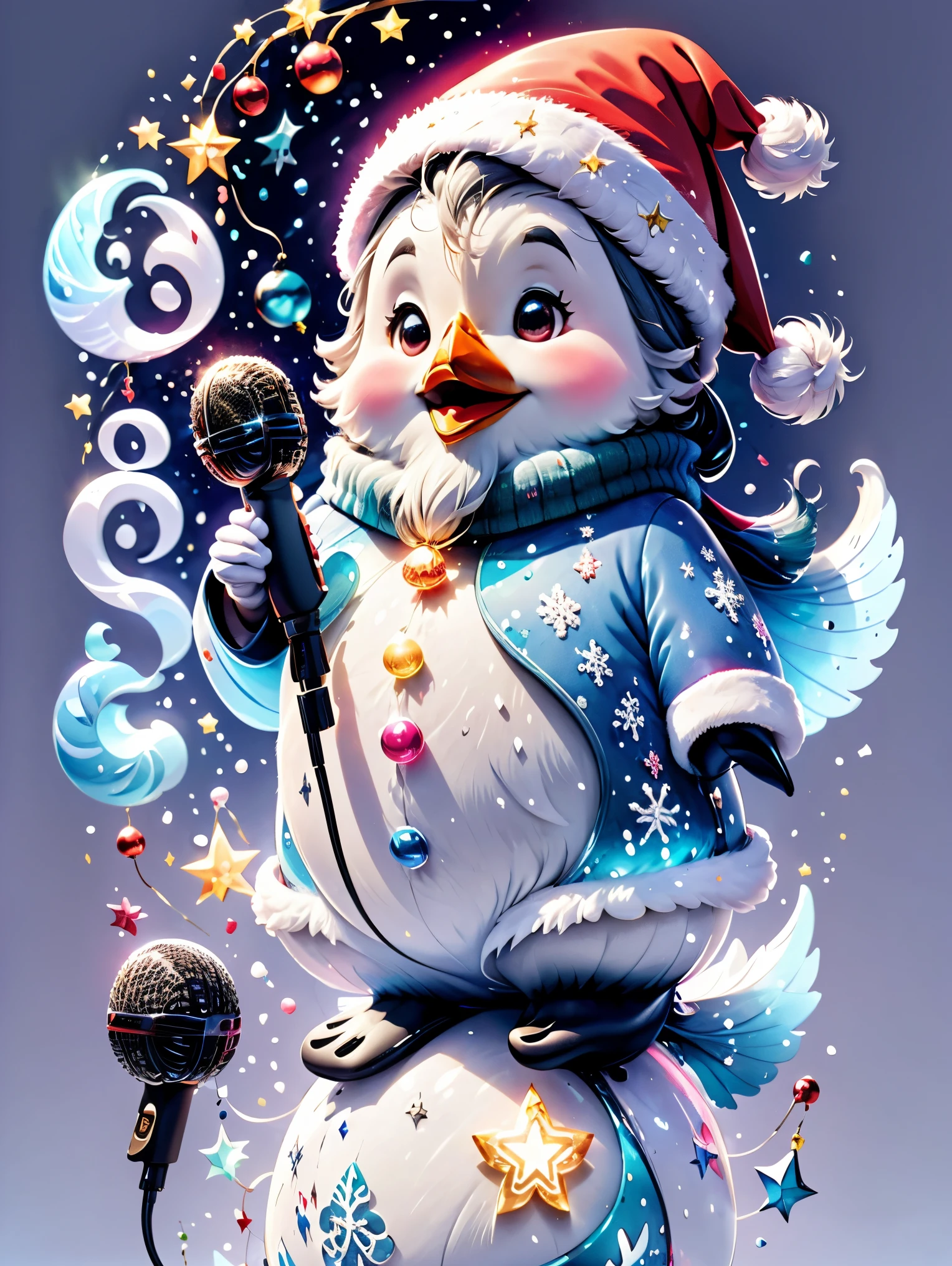 chalk gray style, ((1 glowing magical cute penguin wearing a Santa hat))，((Singing with a microphone)), (((Many syllable symbols are floating in the air)))，Christmas elements，Snowy days，8K,Irridescent color, kawaii, cute big breasts, number art, high qulity, The is very detailed, 3Drenderingof，vivd colour，Minimalist style，Disney  style，