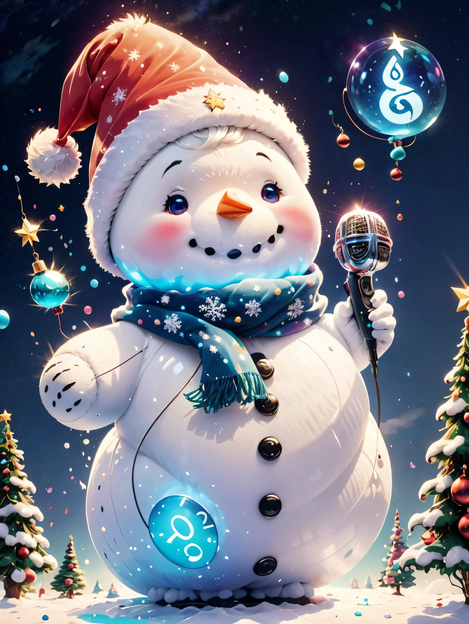 ((1 glowing magical and cute Christmas snowman))，((Singing with a microphone)), ((Syllable symbols floating in the air))，christmas ornaments, glittery, Floating particles，yuki，blue-sky, 8K, Irridescent color, kawaii, cute big breasts, number art, high qulity, The is very detailed, 3Drenderingof，Bright colorinimalist style，Disney  style，