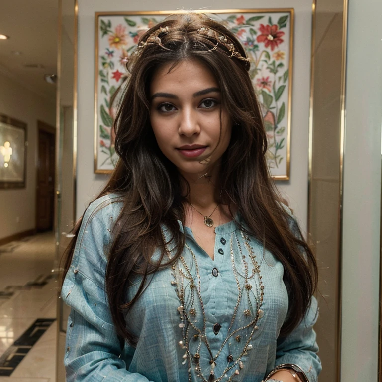 (Best quality, Ultra-detailed, Masterpiece:1.5), Photorealistic photograph of a beautiful pakistani woman. The woman should have a flawless, highly detailed face (Highly Detailed Skin) with soft, luminous skin. Her long hair should be naturally brown and stylishly arranged. (Perfect Eyes:1.2), double eyelids, photo-realistic:1.5), 8K UHD, high budget, fashionable outfit, unique style, expressive eyes, vibrant smile, confident, charismatic, captivating, tilted: 1.3,