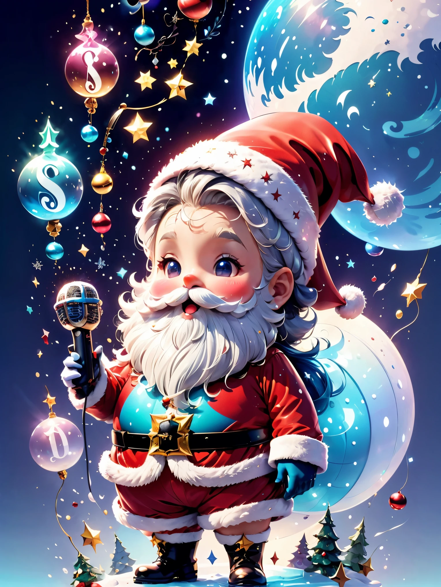 chalk gray style, ((1 glowing magical cute Santa Claus))，((Singing with a microphone)), ((Syllable symbols floating in the air))，christmas ornaments, glittery, Floating particles，yuki，blue-sky, 8K, Irridescent color, kawaii, cute big breasts, number art, high qulity, The is very detailed, 3Drenderingof，Bright colorinimalist style，Disney  style，