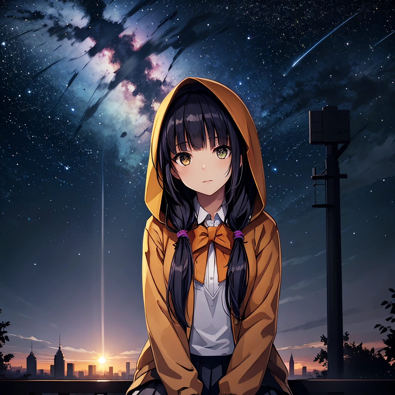 octans, sky, star (sky), scenery, starry sky, night, 1girl, night sky, solo, outdoors, building, cloud, milky way, sitting, tree, long hair, city, silhouette, cityscape