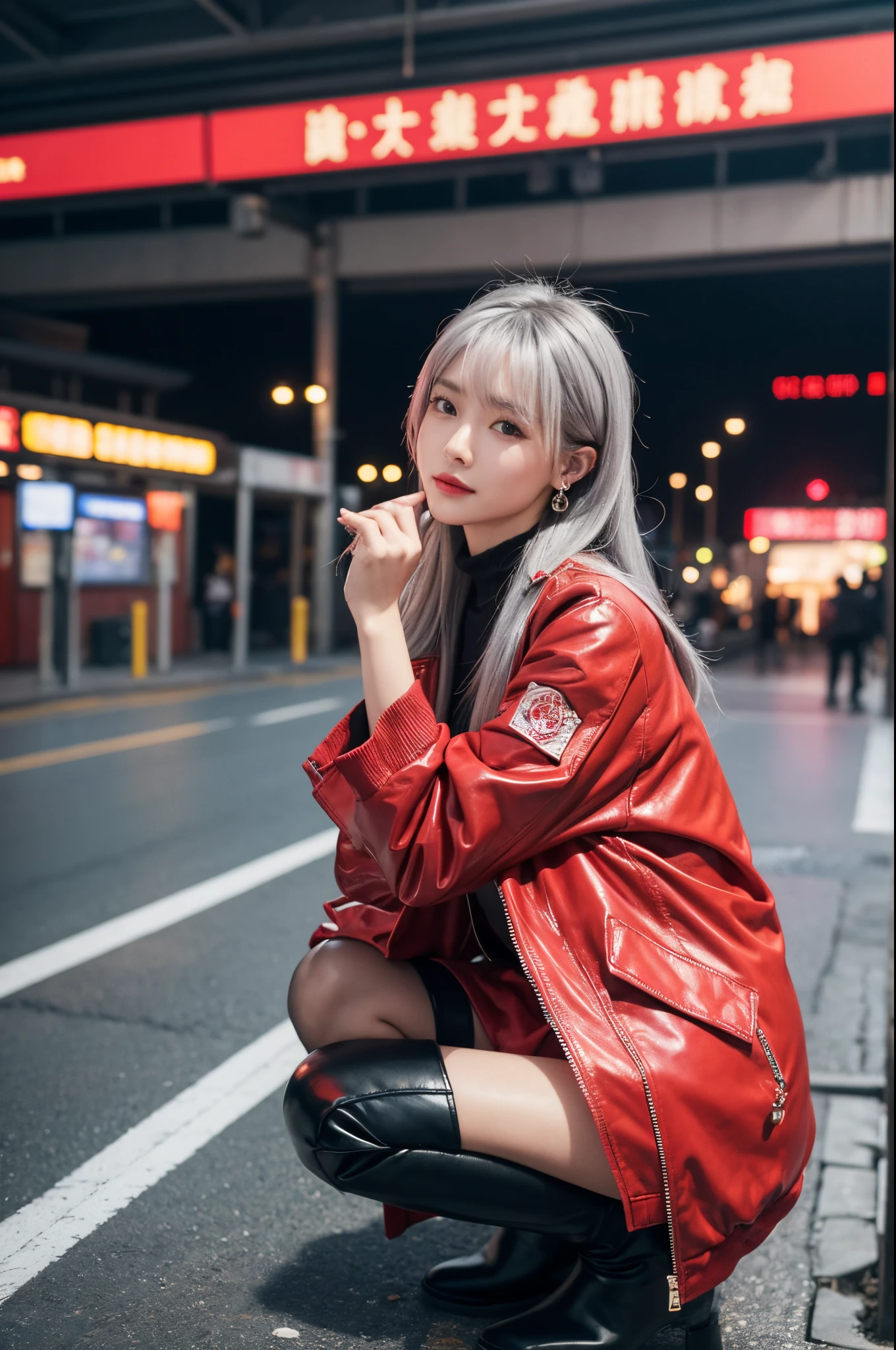 artworks,超高分辨率,8K分辨率,Accurate facial features with depth of field,is a perfect face,girl,the only person,ssmile,Look at the audience,Long gray hair,with pink hair,crossed bangs,shairband,bangle,collars,hoop earings,aviator sunglasses bomber jacket,red fire retardant clothing,Over-the-knee boots,Ruffled pantyhose,crouched,facing to audience,eventide,temple,Train station,Fleet Collection,电影灯光