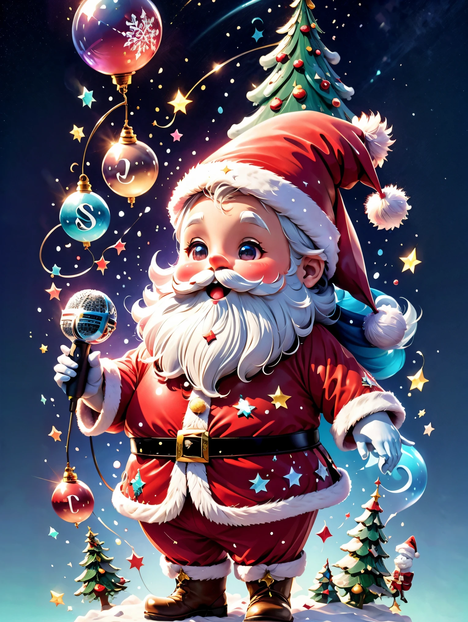 chalk gray style, ((1 glowing magical cute Santa Claus))，((Singing with a microphone)), ((Syllable symbols floating in the air))，Christmas tree，Lantern，pompon，Candy elements，Snowy days，8K, Irridescent color, kawaii, cute big breasts, number art, high qulity, The is very detailed, 3Drenderingof，Bright colorinimalist style，Disney  style